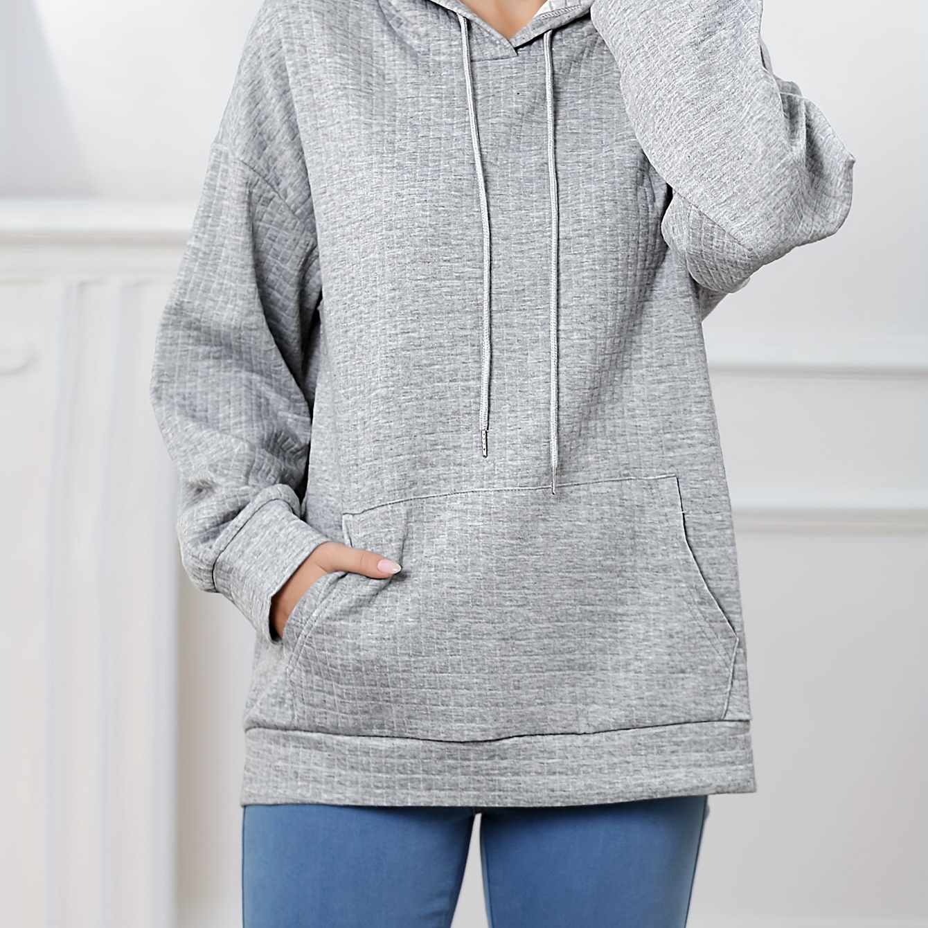 

Plus Size Casual Sweatshirt, Women's Plus Solid Waffle Knit Long Sleeve Drawstring Hoodie With Giant Pocket