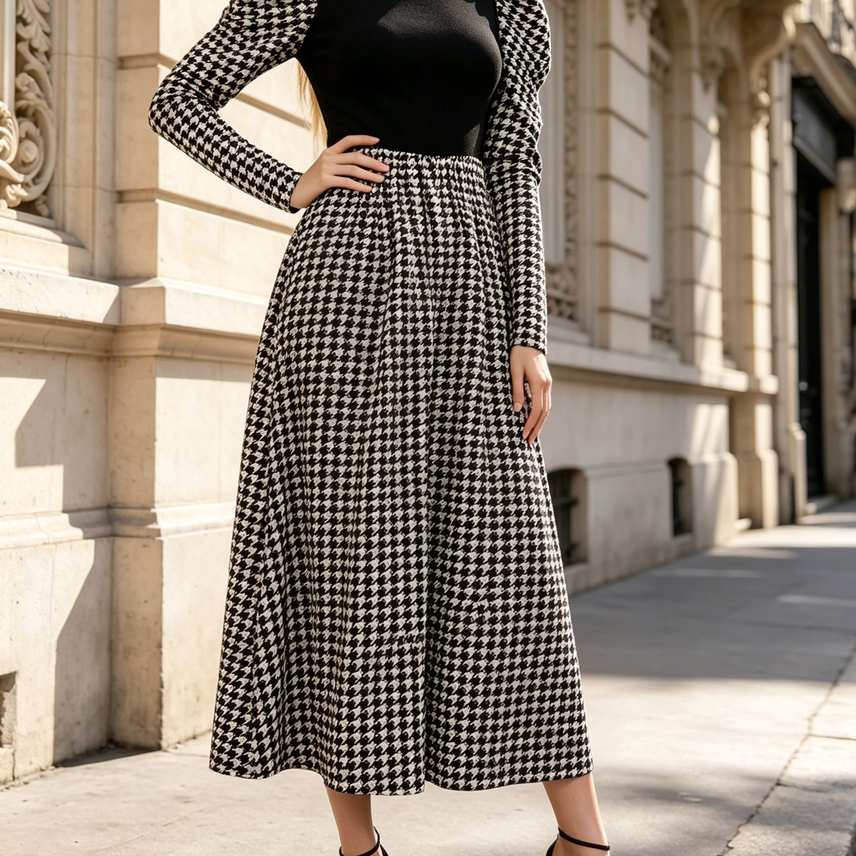 Women's Houndstooth Plaid Maxi Skirt with Black Top Set