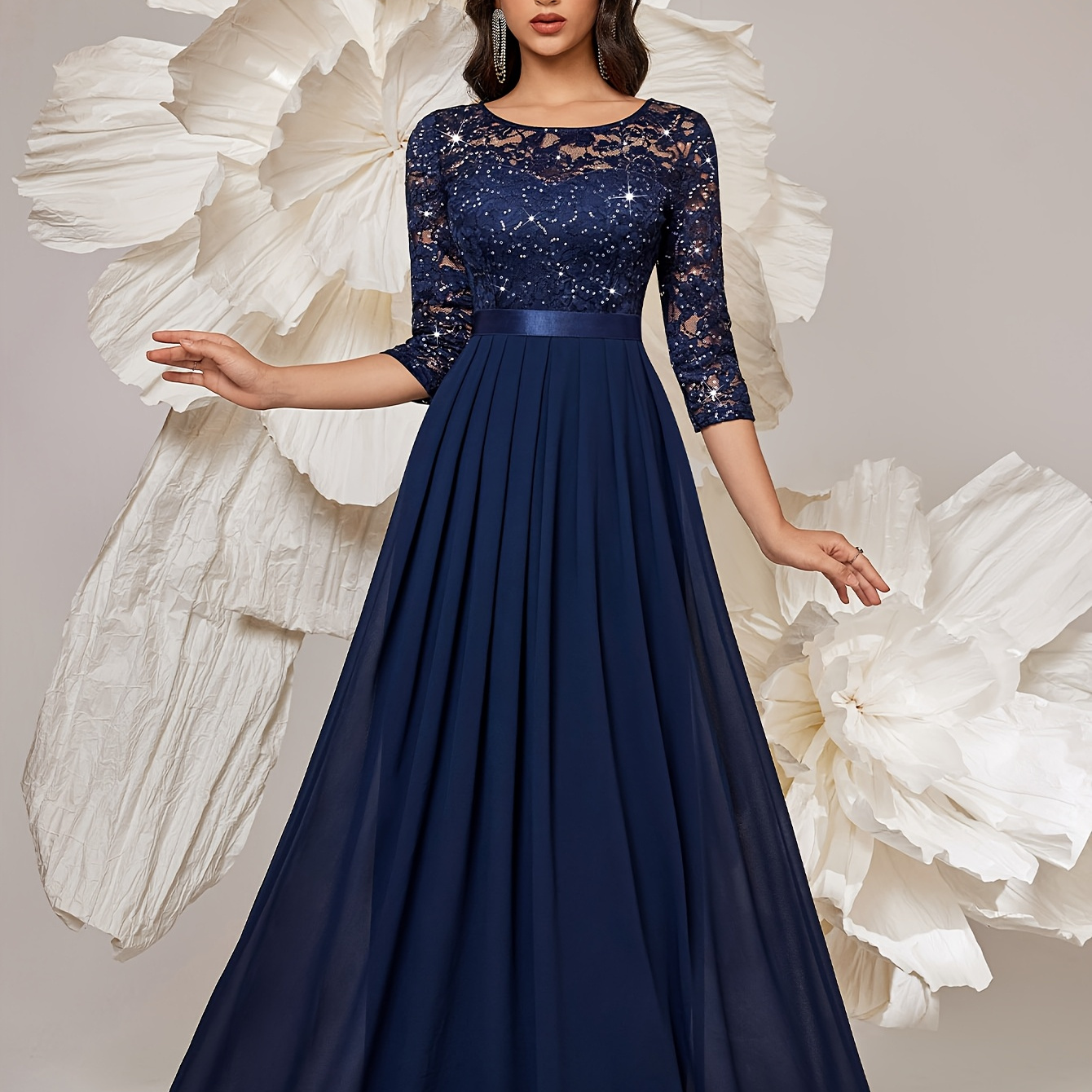 Plus Size Navy Long Sleeve Formal Dress Women's Elegant Party Maxi Dress  Formal Event Gown With Flared Hem, Flowy Chiffon-like Fabric For Weddings  Elegant Evening Attire, Dresses For Wedding Guest ...
