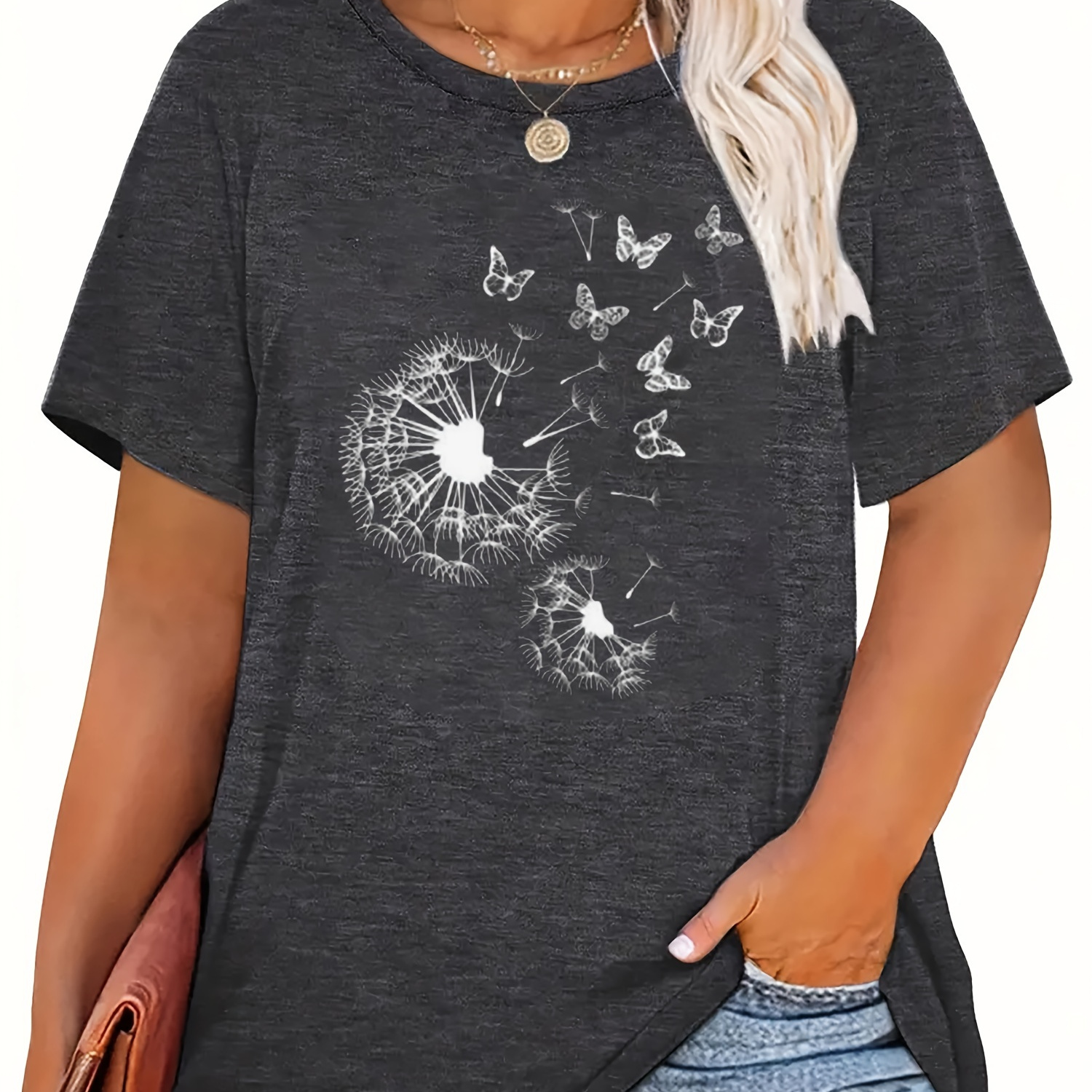 

Plus Size Dandelion & Butterfly Print T-shirt, Casual Short Sleeve Top For Spring & Summer, Women's Plus Size Clothing