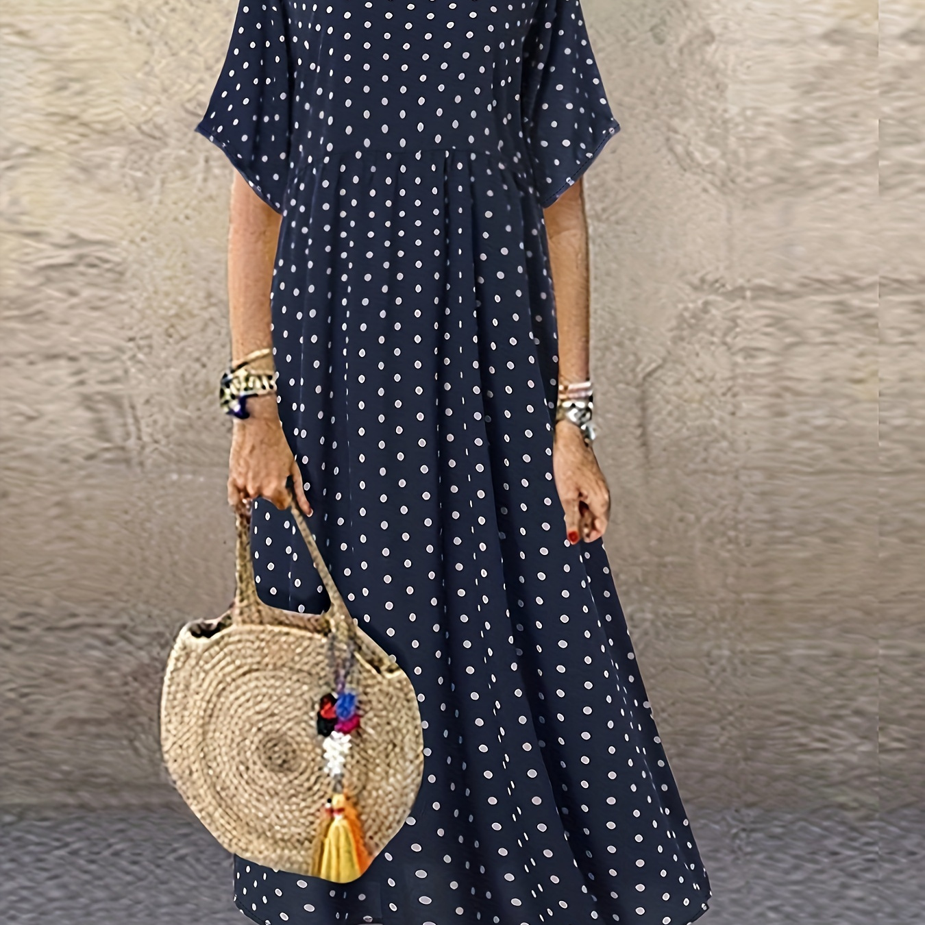 

Women's Summer Casual Polka Dot Rayon/viscose Dress - Crew Neck, Short Sleeve, Loose Fit, Woven Midi Dress