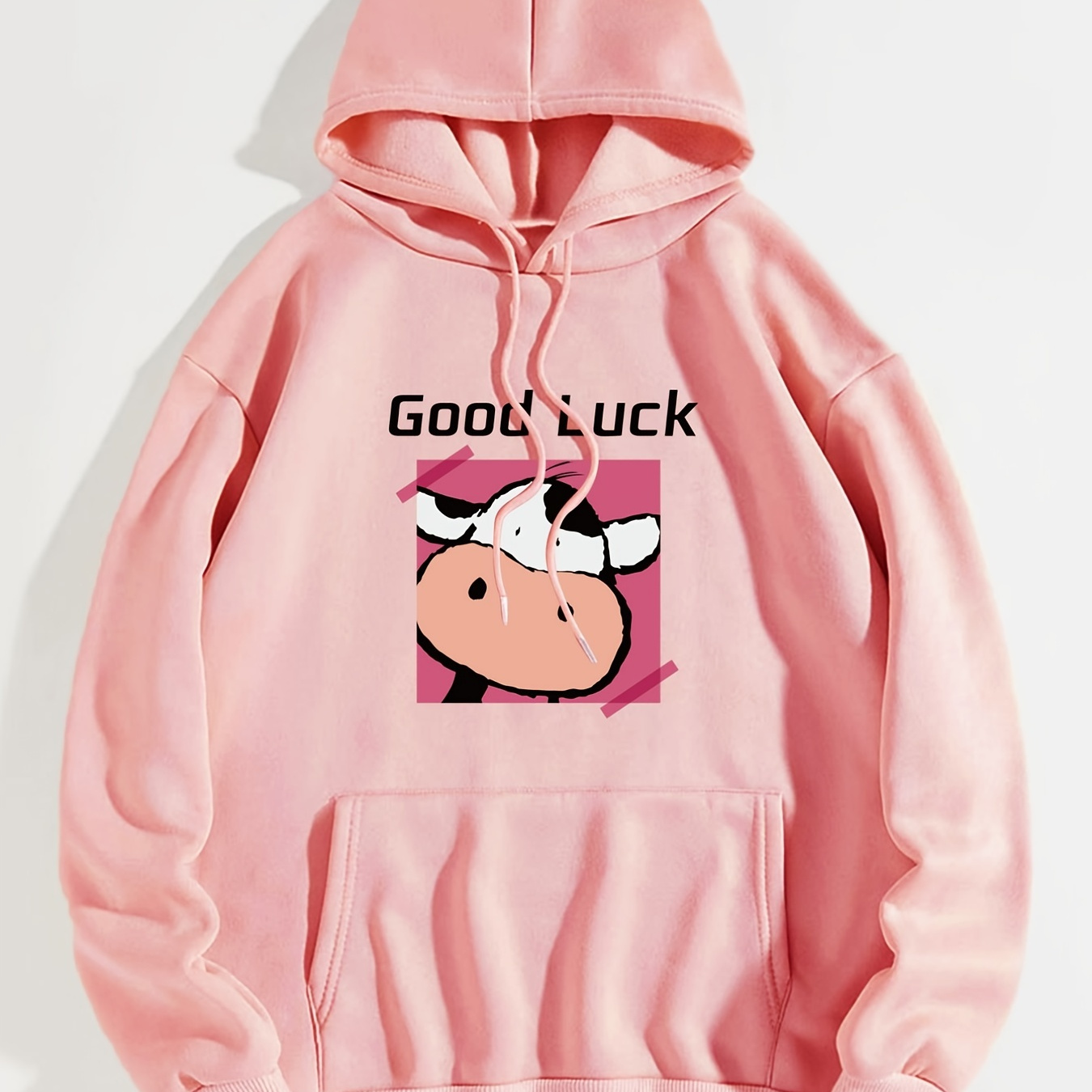 Cartoon Cow Print Good Luck Hoodies Drawstring Kangaroo Pocket ...