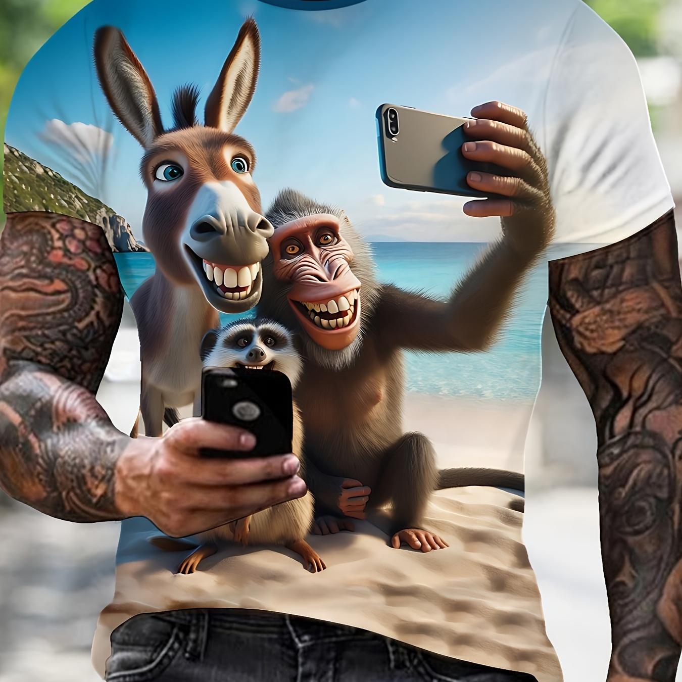 

Men's 3d Digital Animation With 3 Animals Print T-shirt, Cute Pattern, Summer , Casual Polyester Short Sleeve, Round Neck, Normal Fit For Travel And Vacation