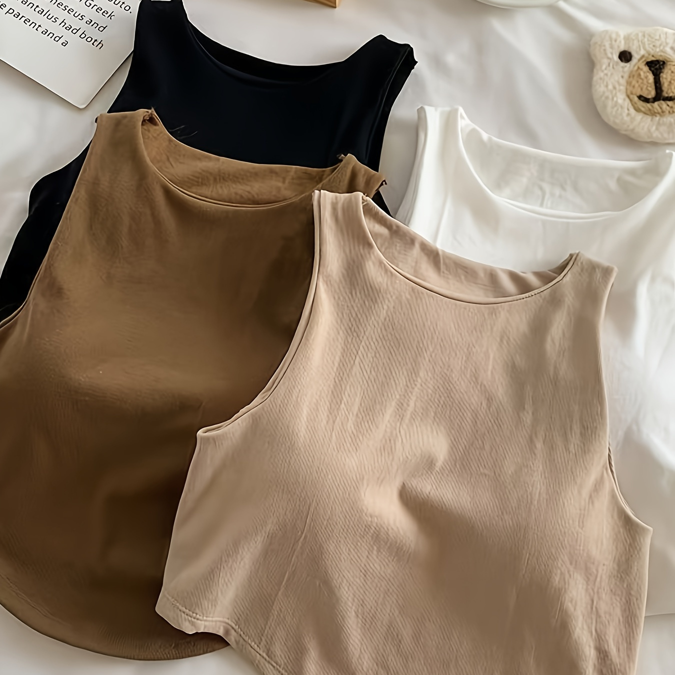 

4pcs Women's Sleeveless Tank Tops With Built-in Bra Pads - Soft Nylon, Asymmetrical Hem, Crew Neck, Solid Color (black, Brown, ) - Casual & Comfortable For Casual Attire