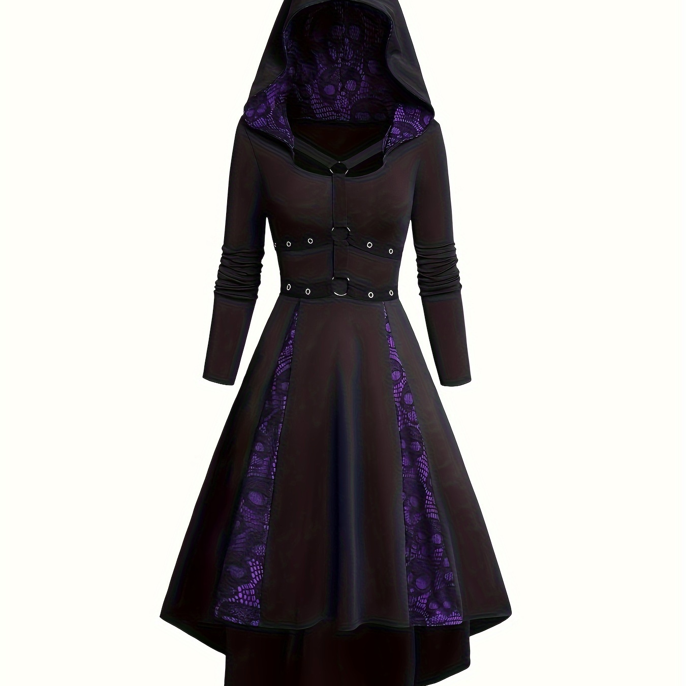 

Long Sleeve Long Dress With Lace Trim, Gothic Punk Style, Long Cape And Eyelet Embellishments, Unique Design For Women