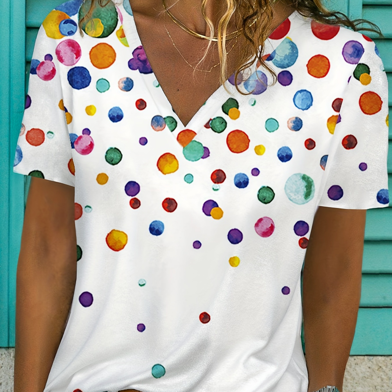 

Colorful Polka Dots V Neck T-shirt, Casual Short Sleeve T-shirt For Summer, Women's Clothing