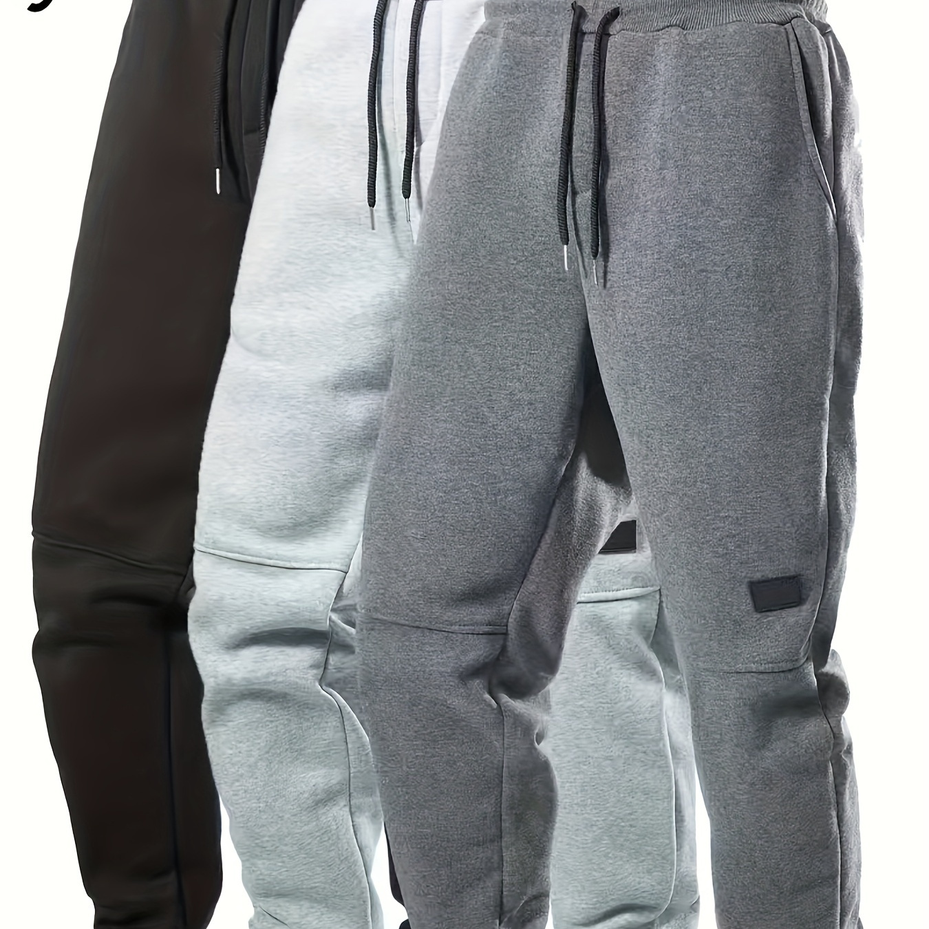 

3-pack Men's Fleece-lined Sweatpants, Sports Style, Solid Color, Polyester Knit Fabric With Slight Stretch, Regular Fit, No Belt, With Pockets