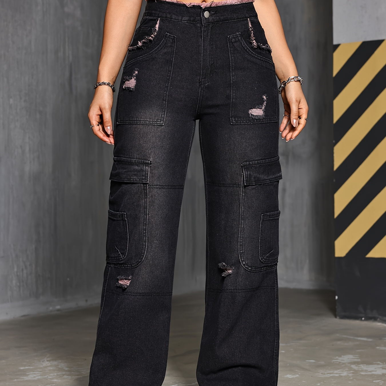 

Women's Vintage Ripped Distressed Cargo Denim Jeans, Retro High-waisted Straight Leg Pants With Pockets, Casual Workwear Style Suit For Autumn