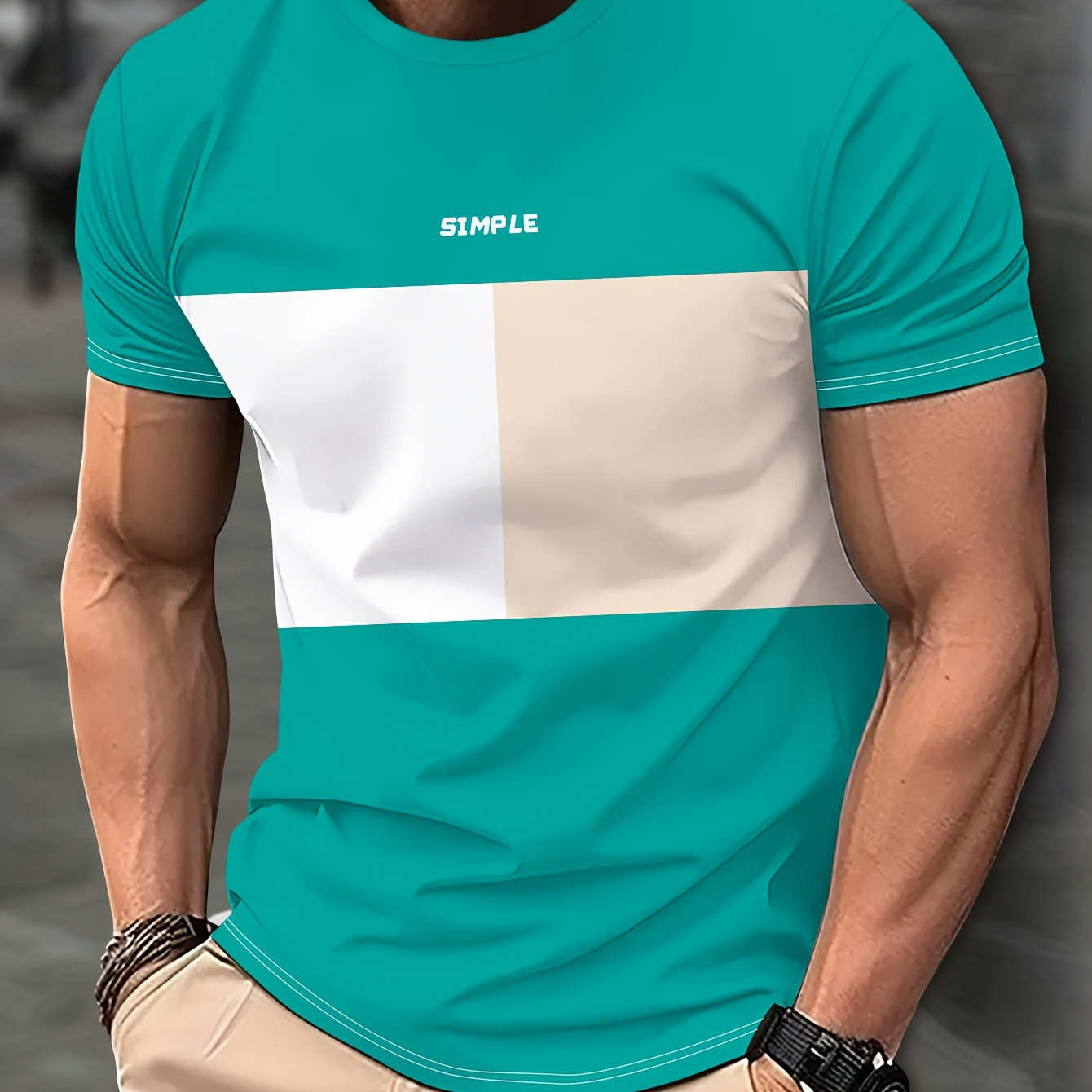 

Color Block Men's Casual Short Sleeve Crew Neck T-shirt, Summer Outdoor Leisure