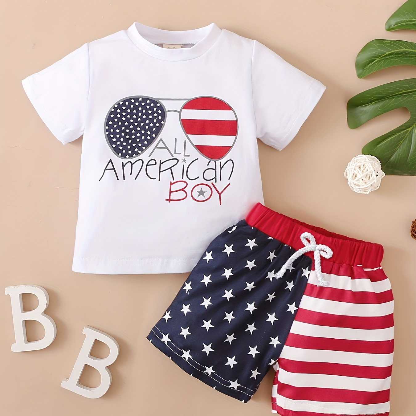 

2pcs Baby Boys Casual "all American Boy" Printed T-shirt & Star Striped Shorts Set, Summer Cotton Clothes, Ideal Gift For Independence Day