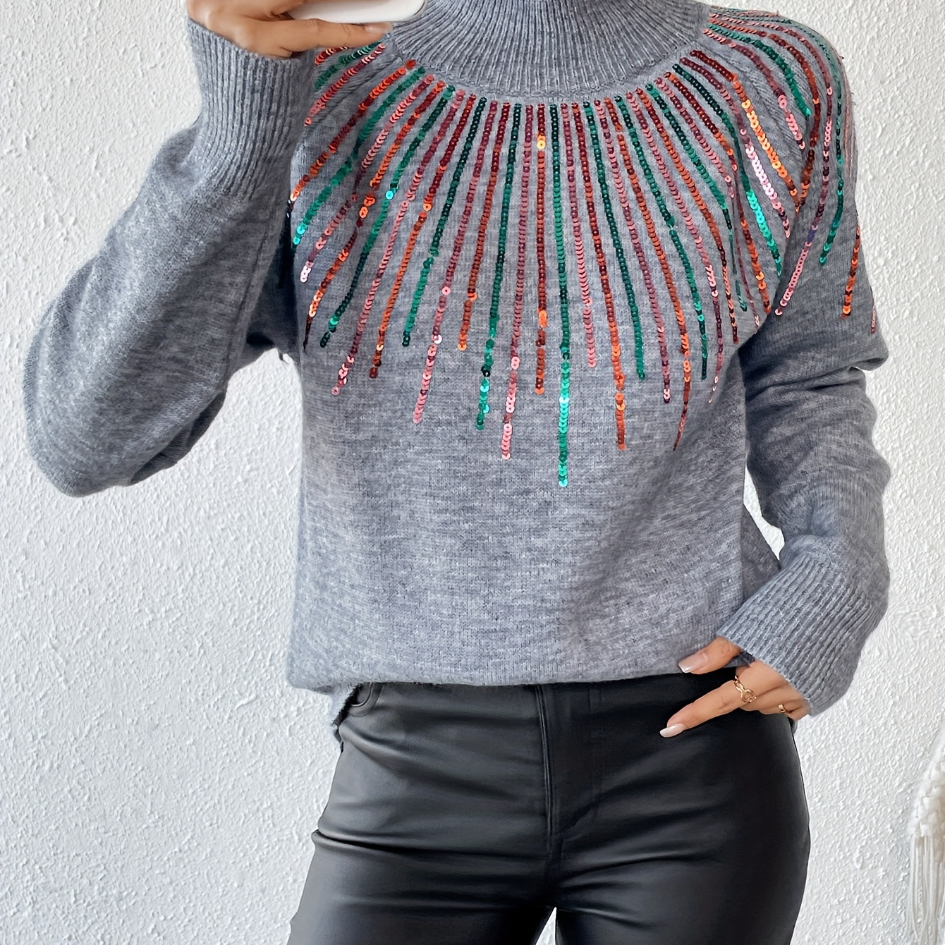 

Chic High-neck Sequin Embellished Sweater - Casual Polyester Knit Pullover, Long Sleeve, Non-transparent - All