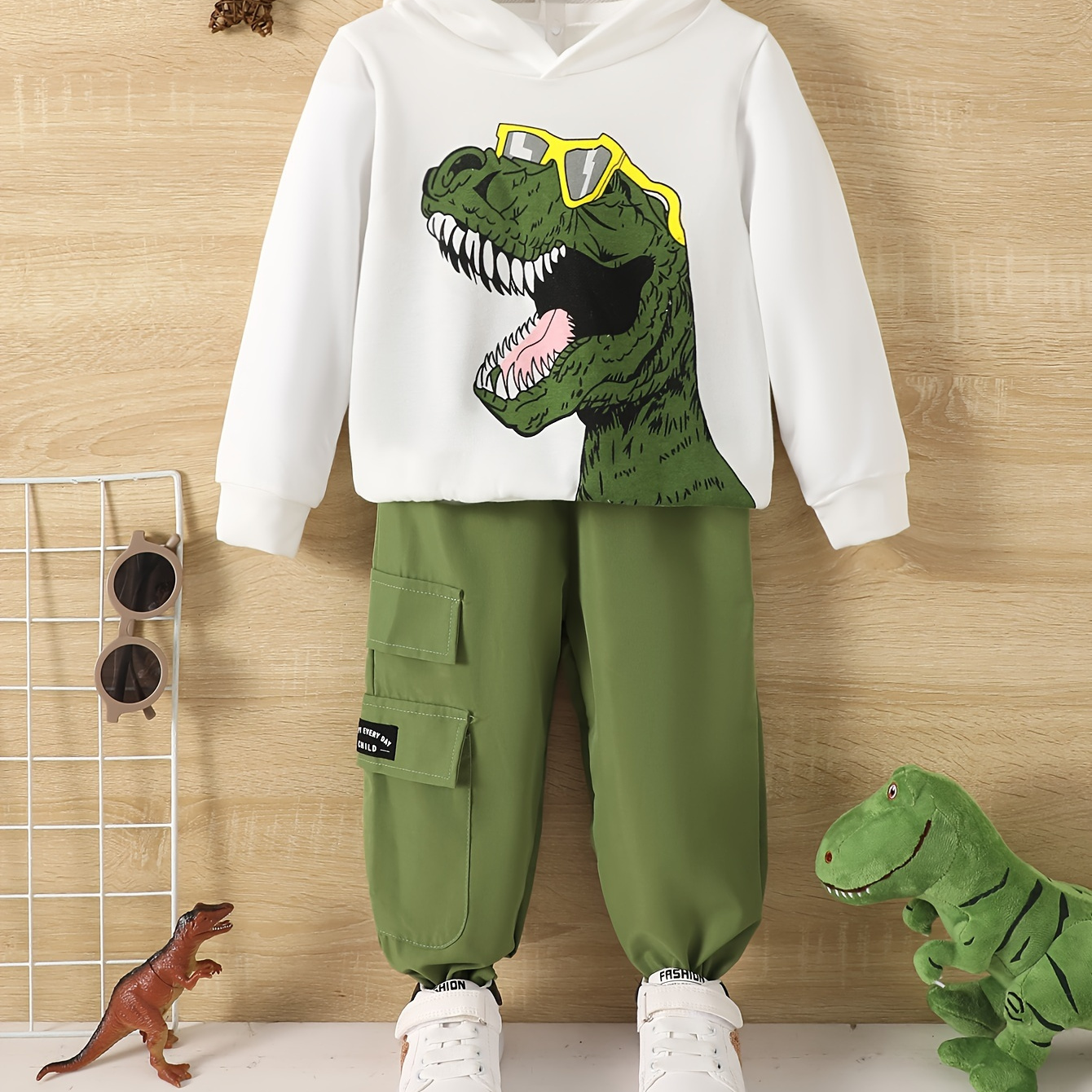

Boy's Dinosaur Pattern Outfit 2pcs, Hoodie & Cargo Pants Set, Street Style Kid's Clothes For Spring Fall