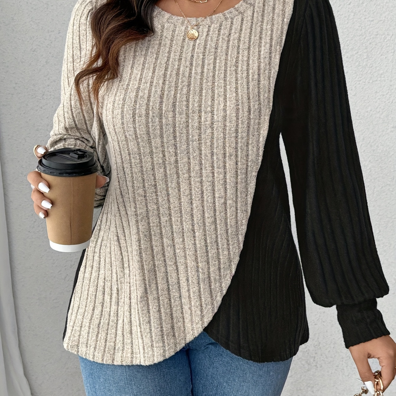 

Plus Size Elegant Ribbed Colorblock Long Sleeve T-shirt - Stretchy Knit Fabric, Round Neck, Machine Washable - & Black, Asymmetrical Hem For Fall/winter, Long Sleeve Plus Size