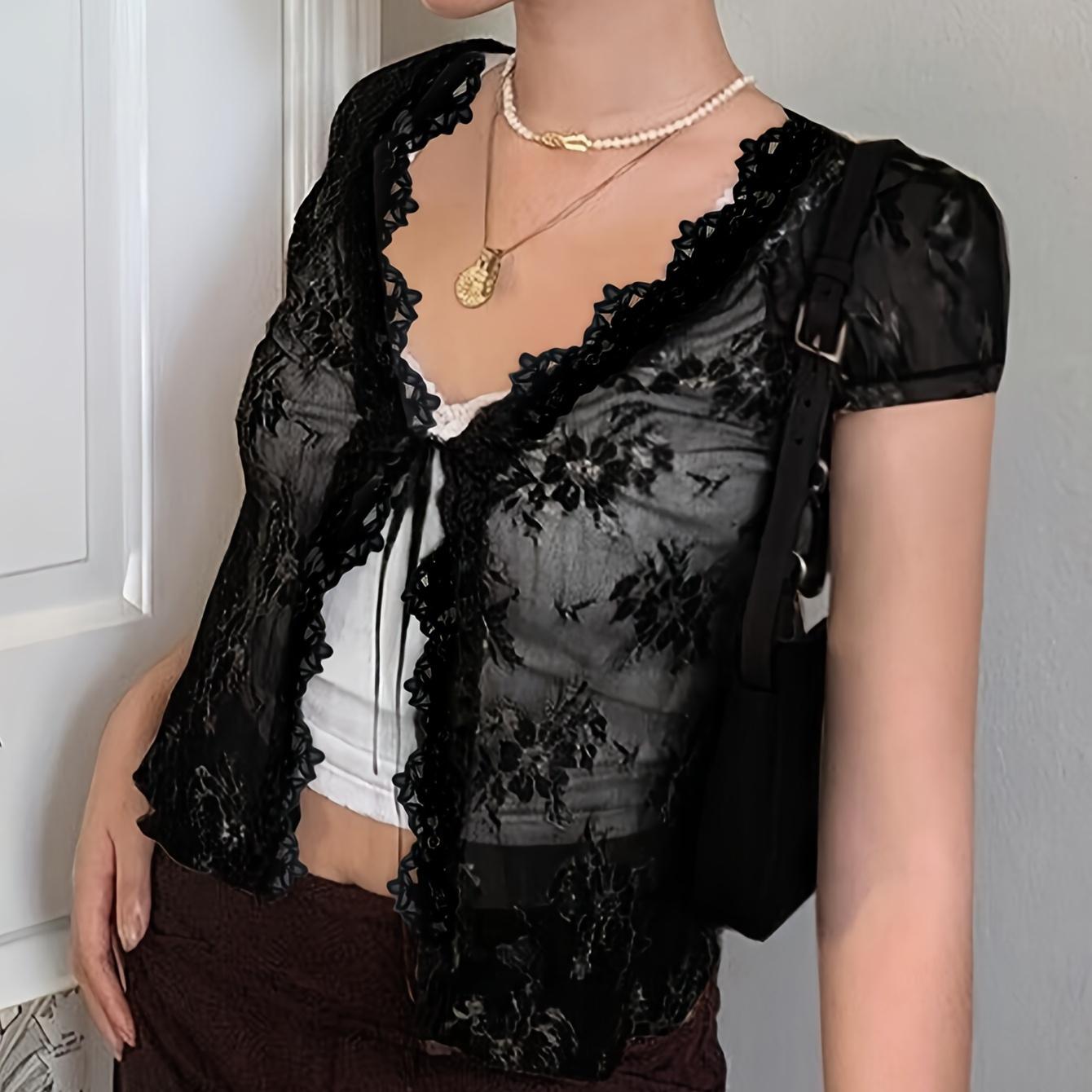 

Contrast Lace Knotted Front Crop Cardigan, Y2k See Through Sheer Short Sleeve Cover Up Top, Women's Clothing