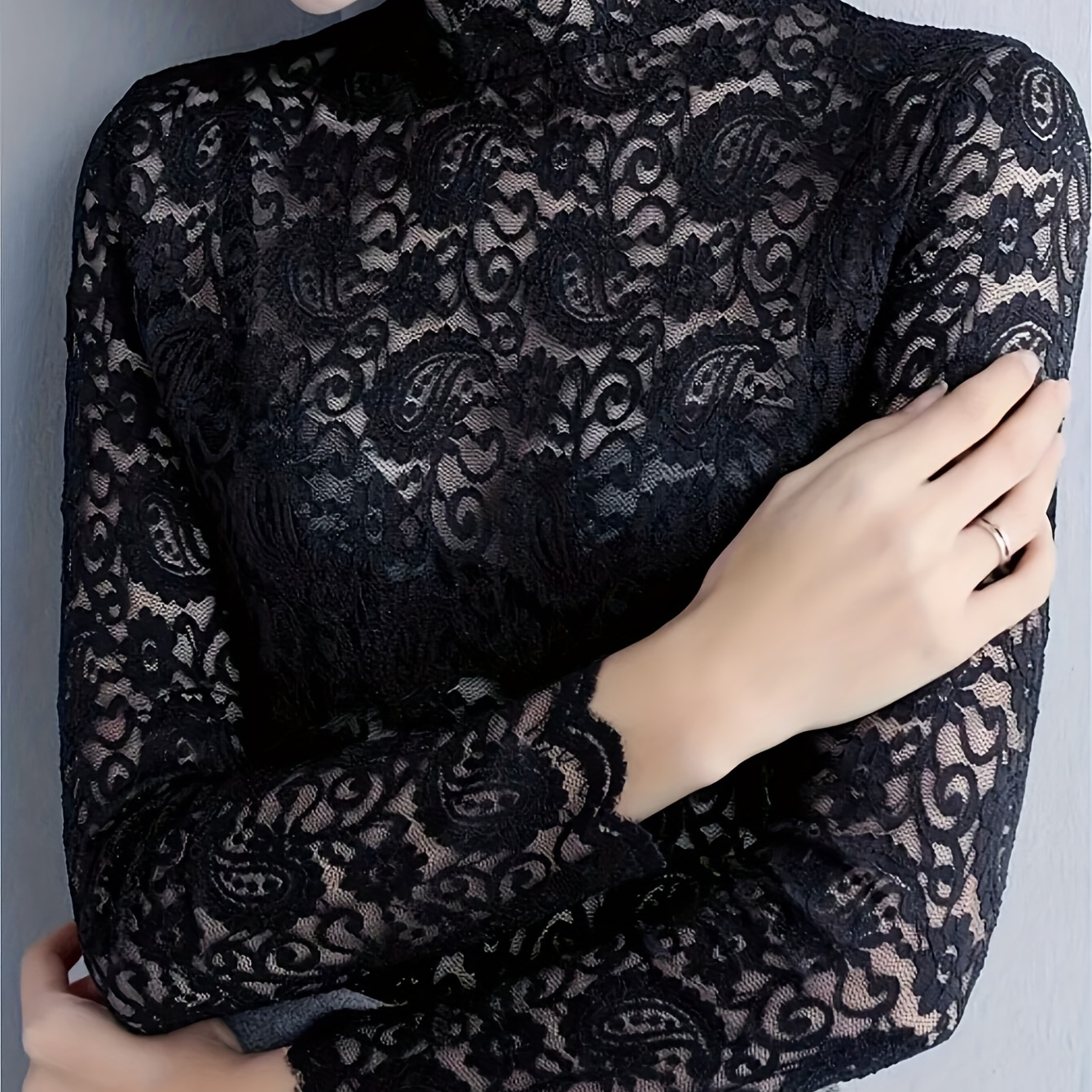 

Elegant High-neck Lace Long Sleeve Top For Women - Breathable Polyester, Intricate Floral Pattern, Sheer Detail, All