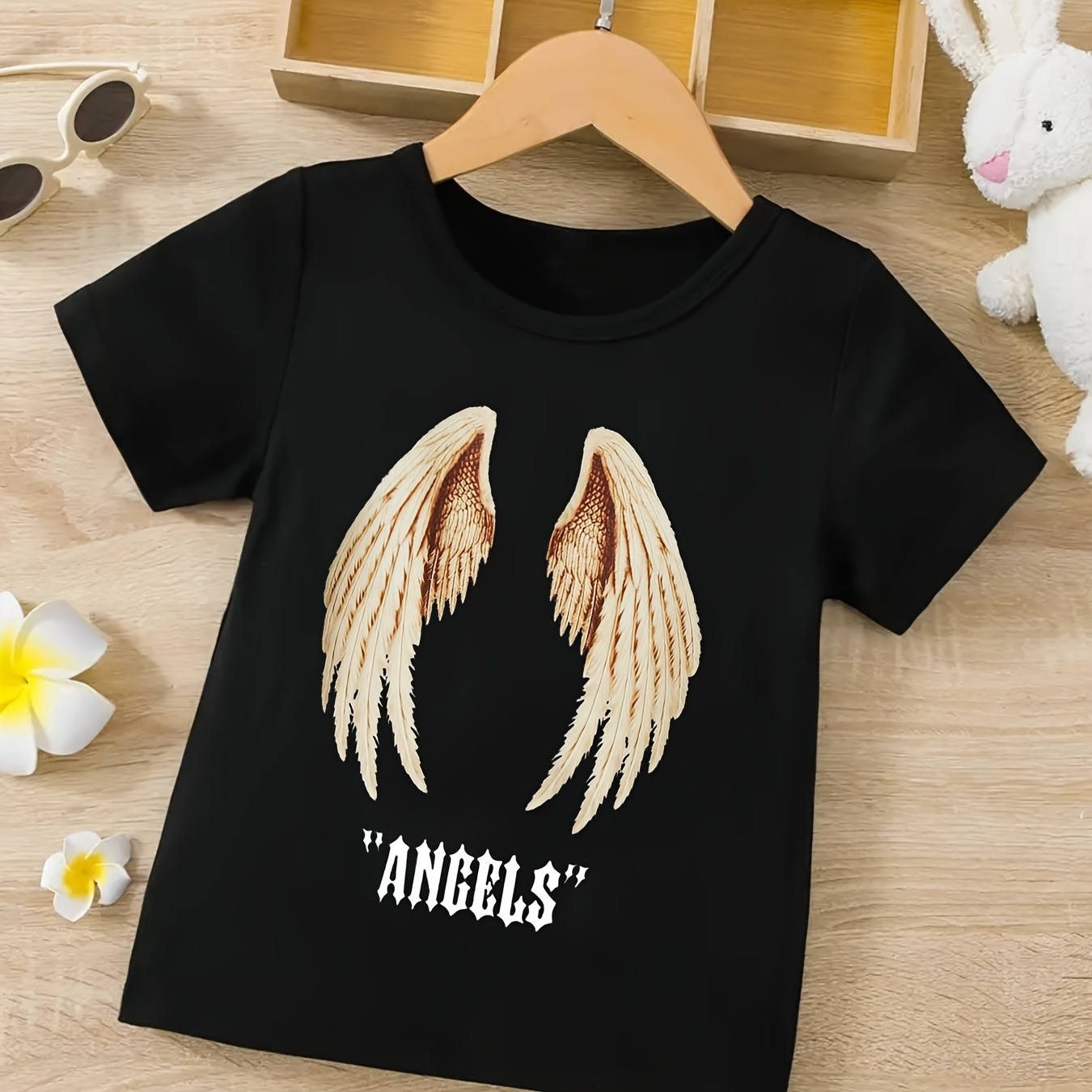 

Angles & Wings Graphic Print Boy's Creative T-shirt, Casual Short Sleeve Crew Neck Top, Boy's Summer Clothing