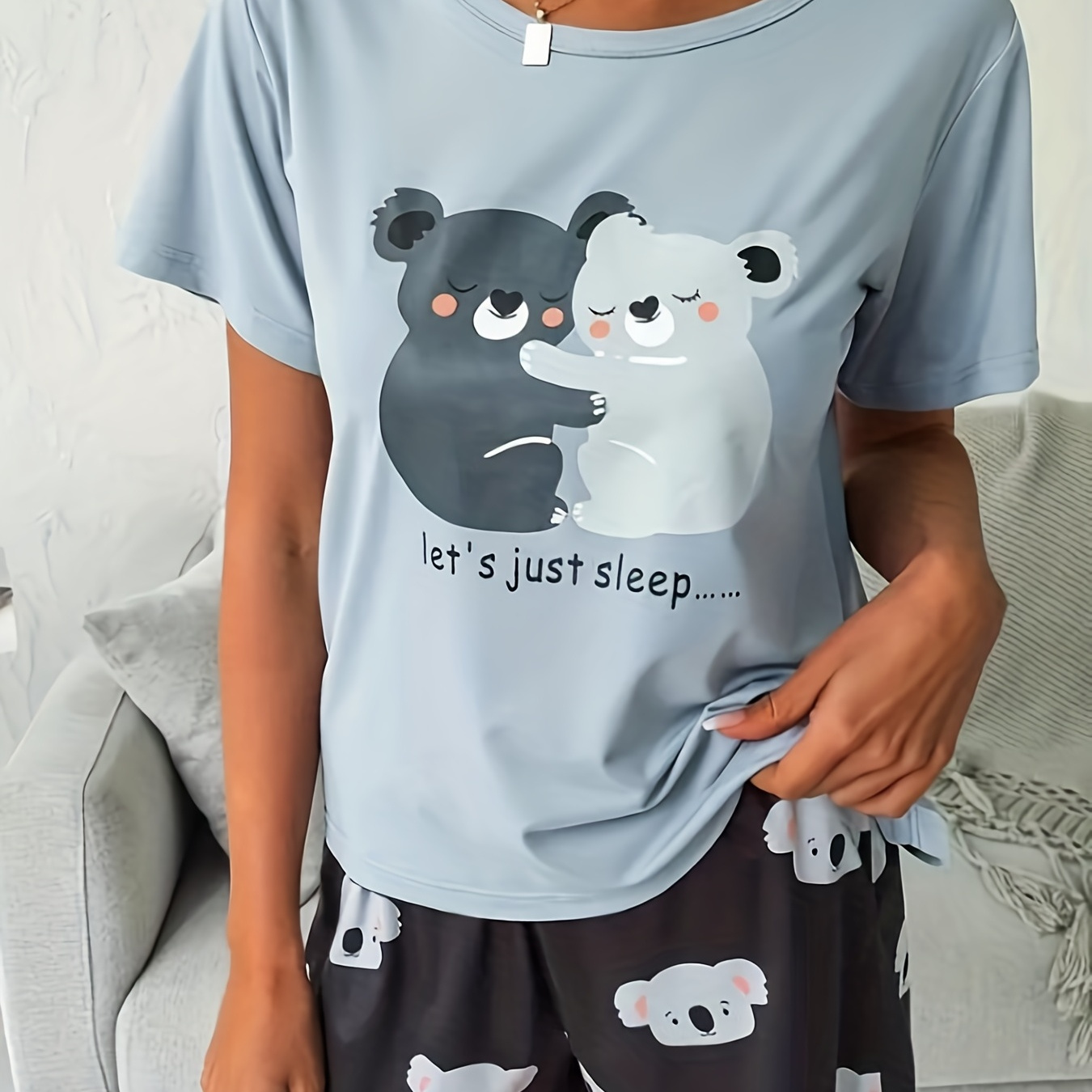 Koala Print Lounge Set, Comfort Short Sleeve Top & Printrd Loose Shorts, Women's Loungewear & Sleepwear