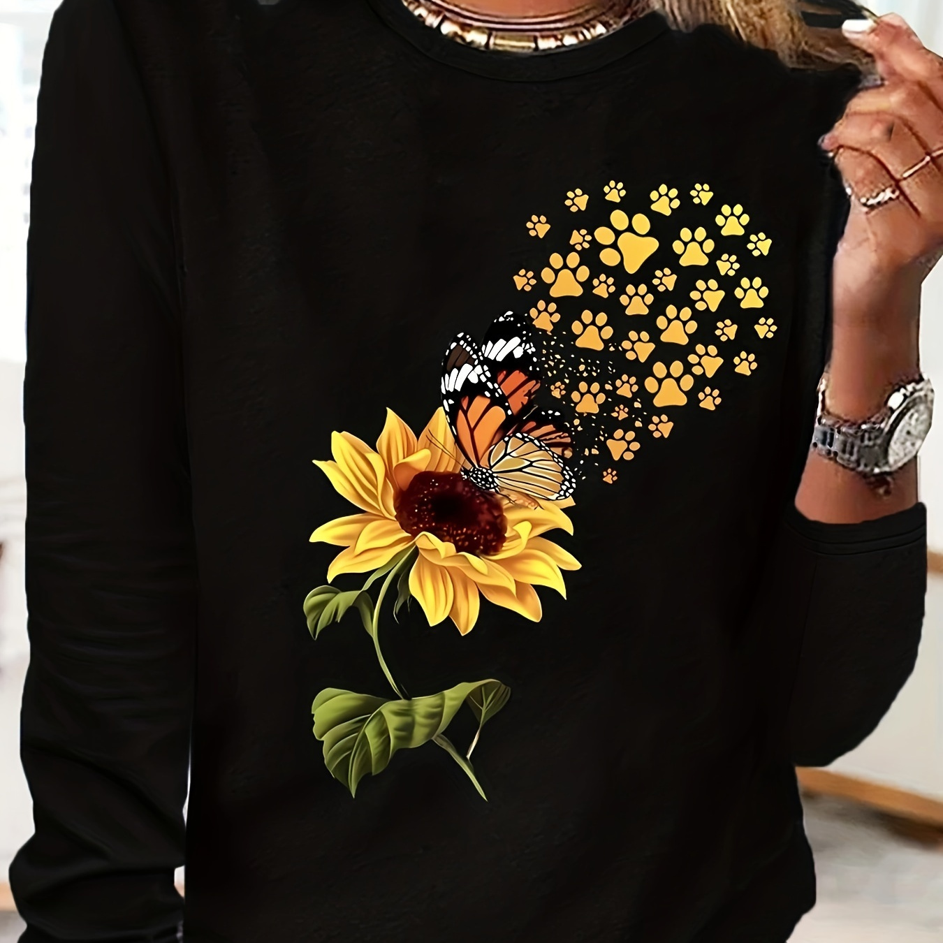 

Women's Casual Crew Neck T-shirt With Sunflower And Butterfly Print - 95% Polyester 5% Elastane Knitted Fabric, Floral Graphic Long Sleeve Tee For Spring/summer/fall