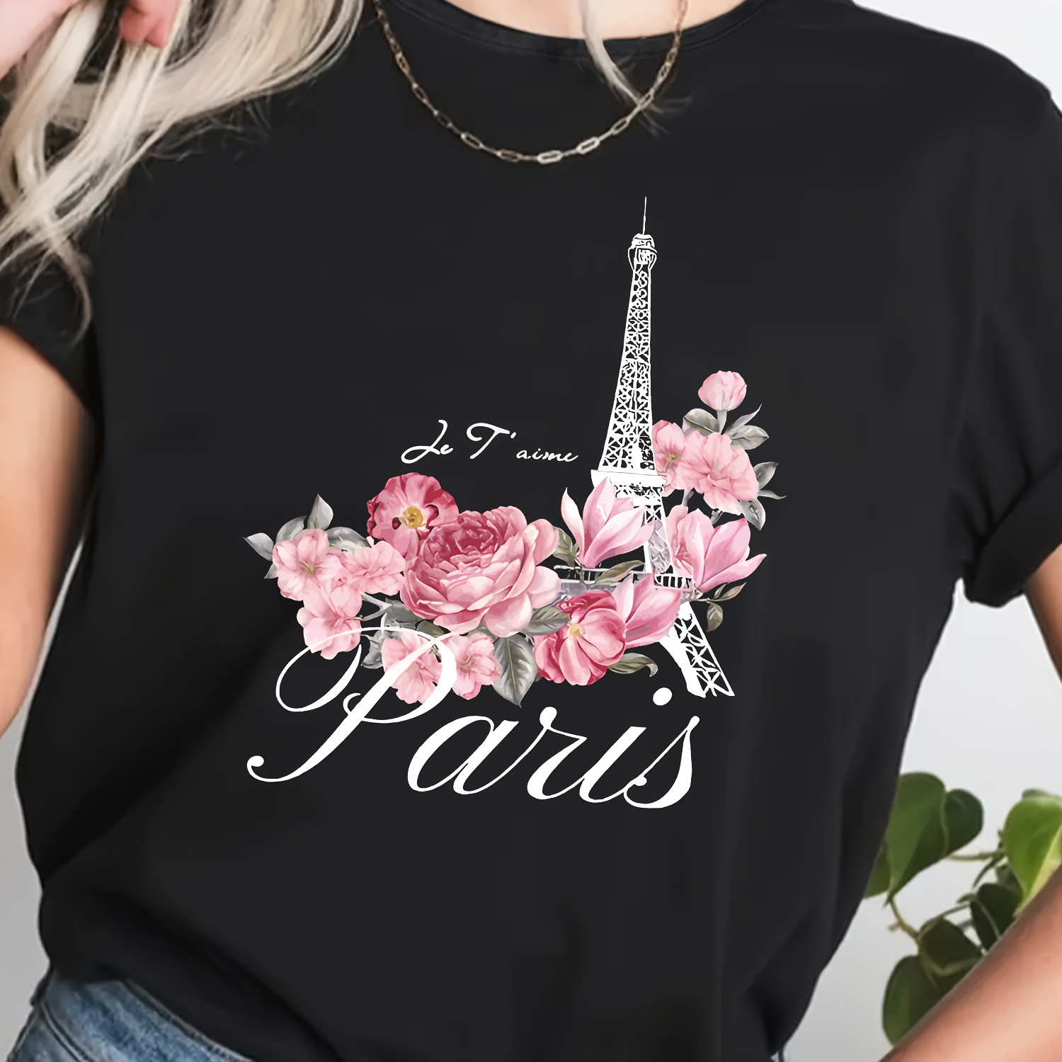 

Eiffel Tower Print T-shirt, Short Sleeve Crew Neck Casual Top For Summer & Spring, Women's Clothing