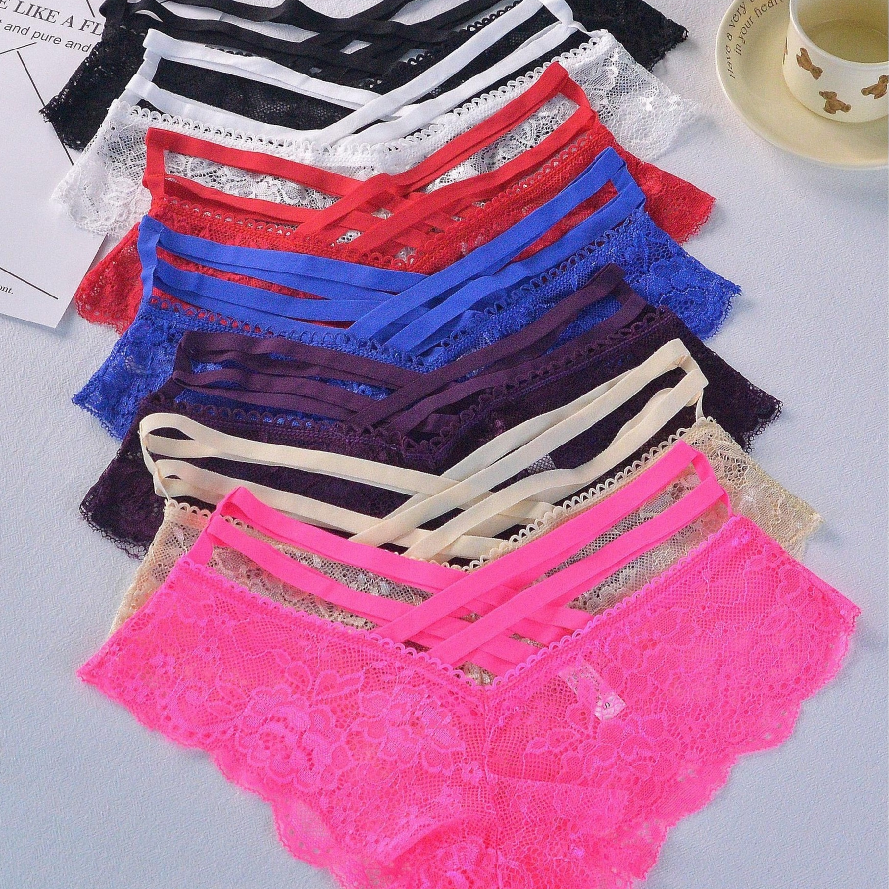 

7pcs Floral Lace Thongs, Soft & Comfy Cross Cut Out Intimates Panties, Women's Lingerie & Underwear