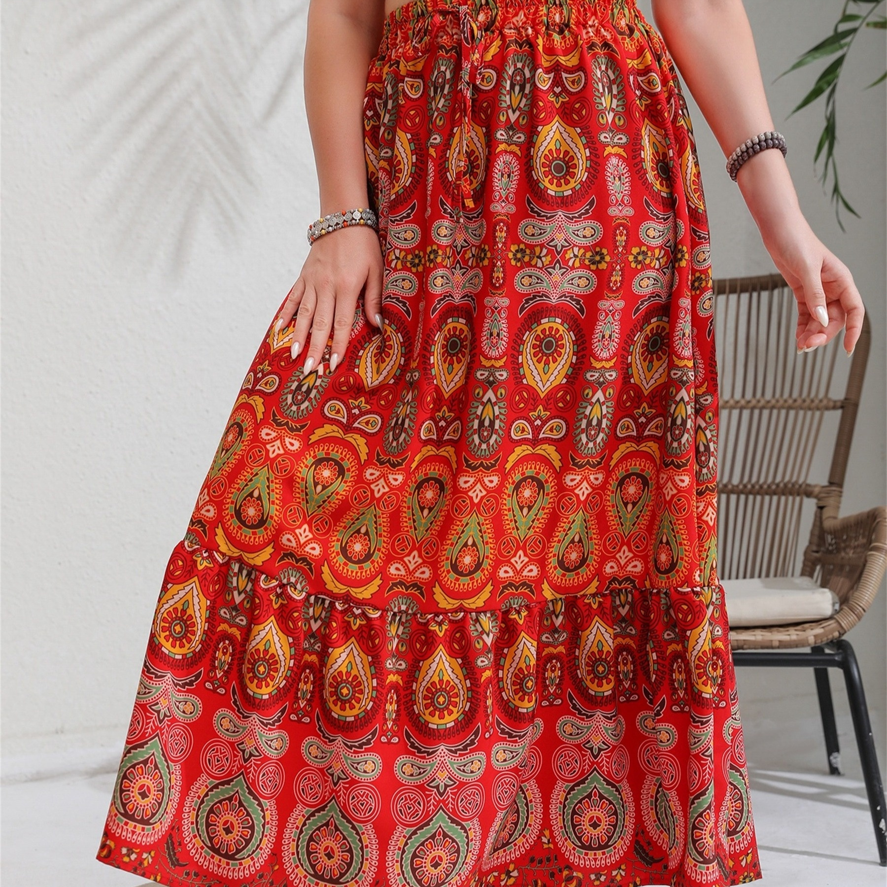 

Plus Size Boho Skirt, Women's Plus Paisley Floral Print Drawstring Elastic High Slight Stretch Smock Maxi Skirt