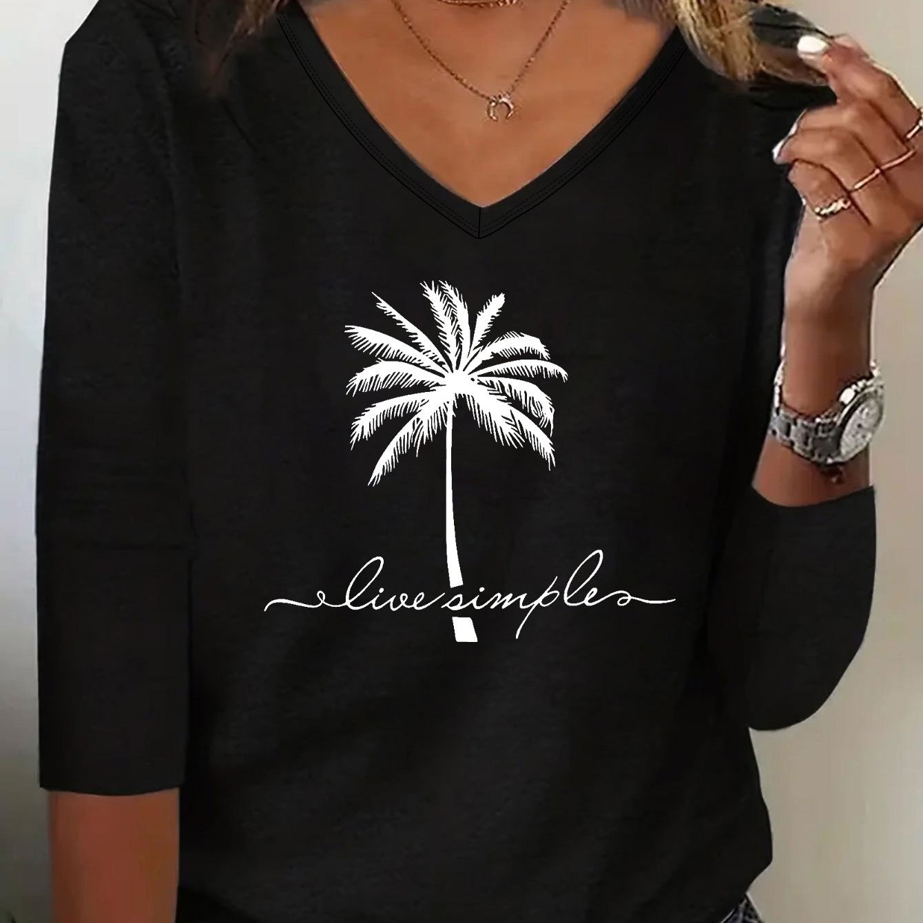 

Coconut Tree Print T-shirt, Long Sleeve V Neck Casual Top For Spring & Fall, Women's Clothing