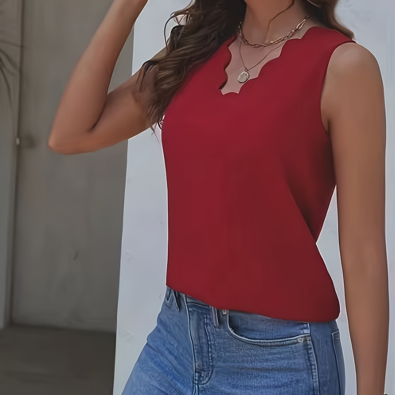 

Solid Scallop Trim Blouse, Casual Sleeveless Top For Spring & Summer, Women's Clothing