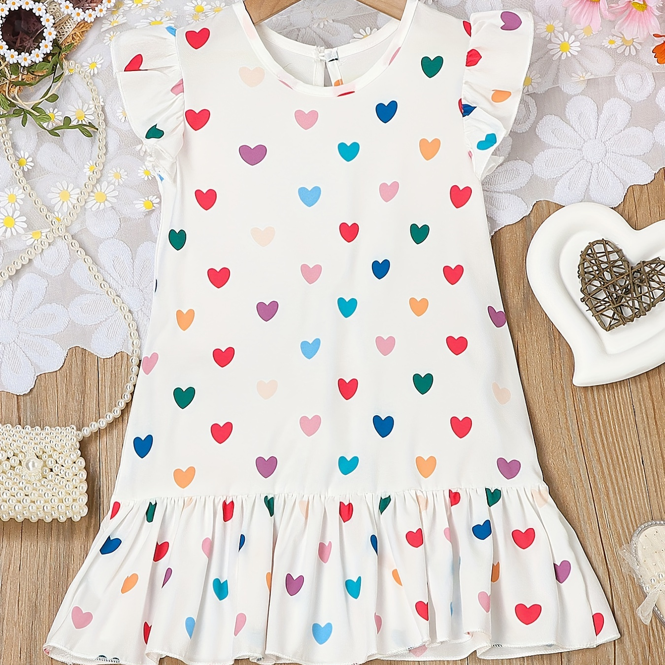 

Girls Colorful Hearts Pattern Ruffle Hem Flying Sleeve Dress For Summer