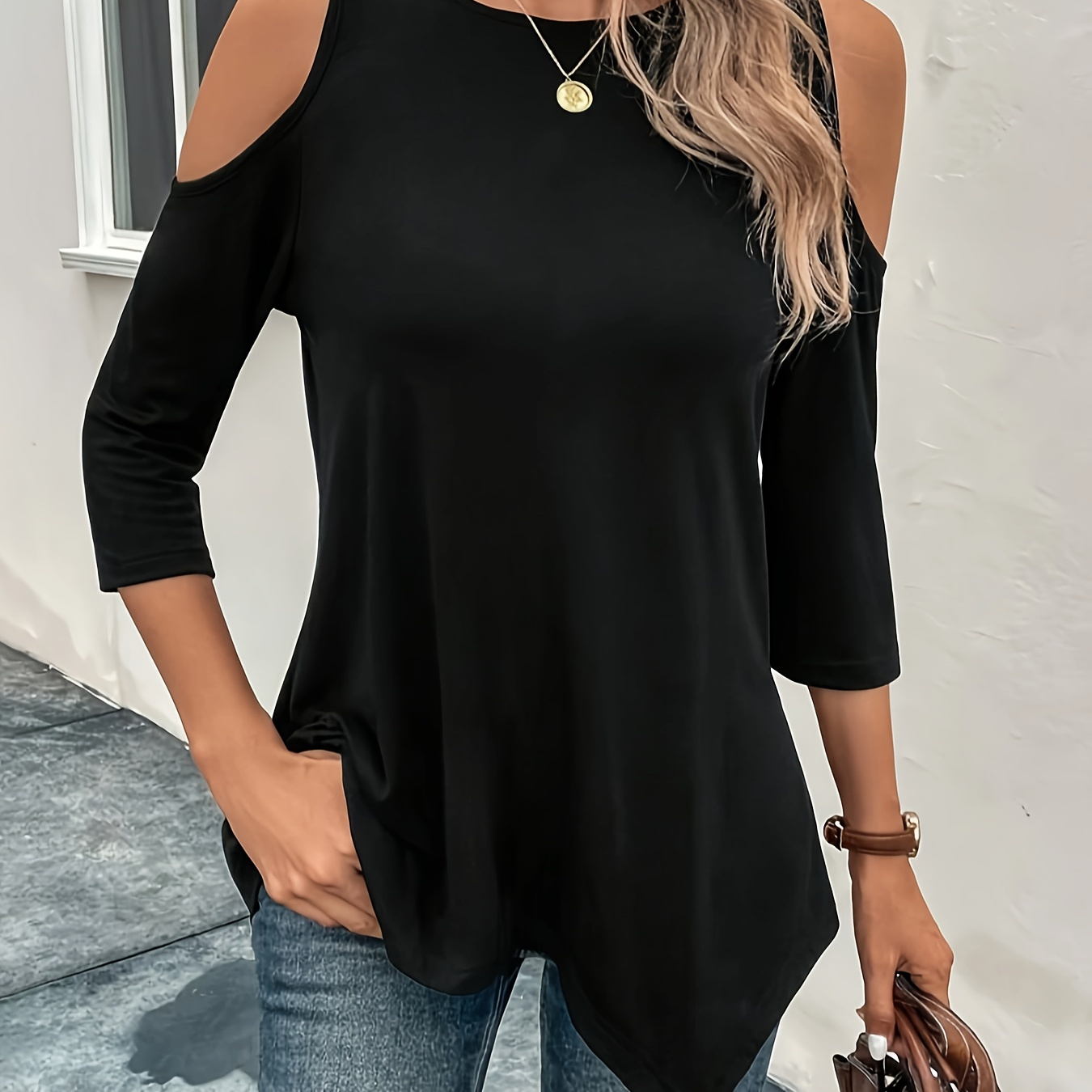

Solid Cut Out Loose T-shirt, Casual Asymmetrical Hem 3/4 Sleeve Top For Spring & Fall, Women's Clothing