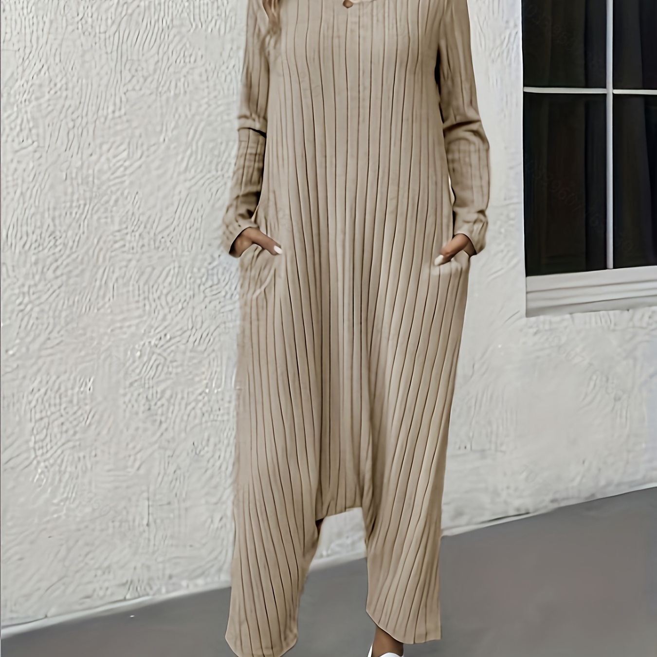 

Plain Ribbed Crew Neck Jumpsuit, Casual Long Sleeve Baggy Jumpsuit For Spring & Fall, Women's Clothing