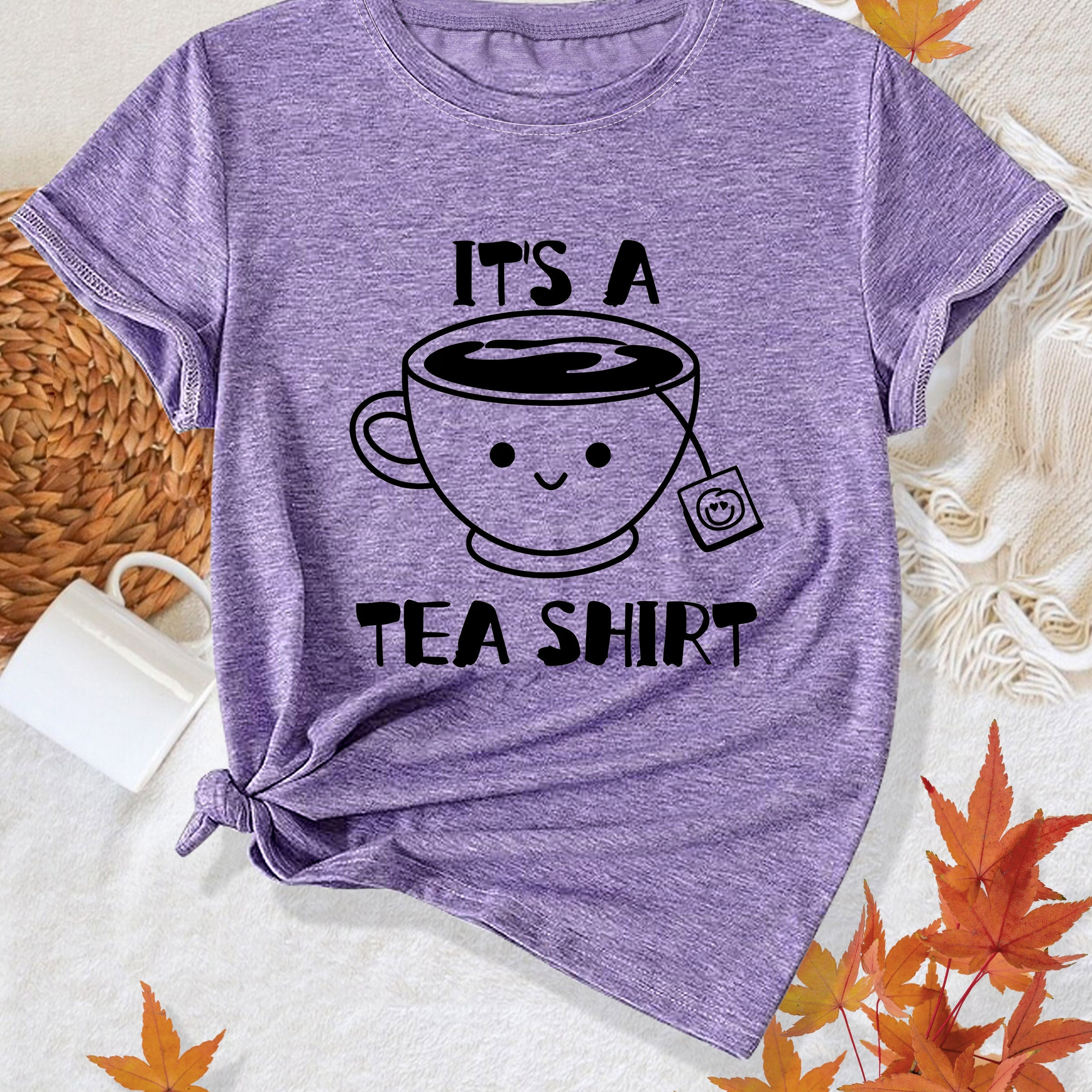 

Women's Casual Round Neck Short-sleeve T-shirt With Smiling Teacup Graphic And "it's A Tea Shirt" Slogan, Fashionable And Elegant Vintage Style Top