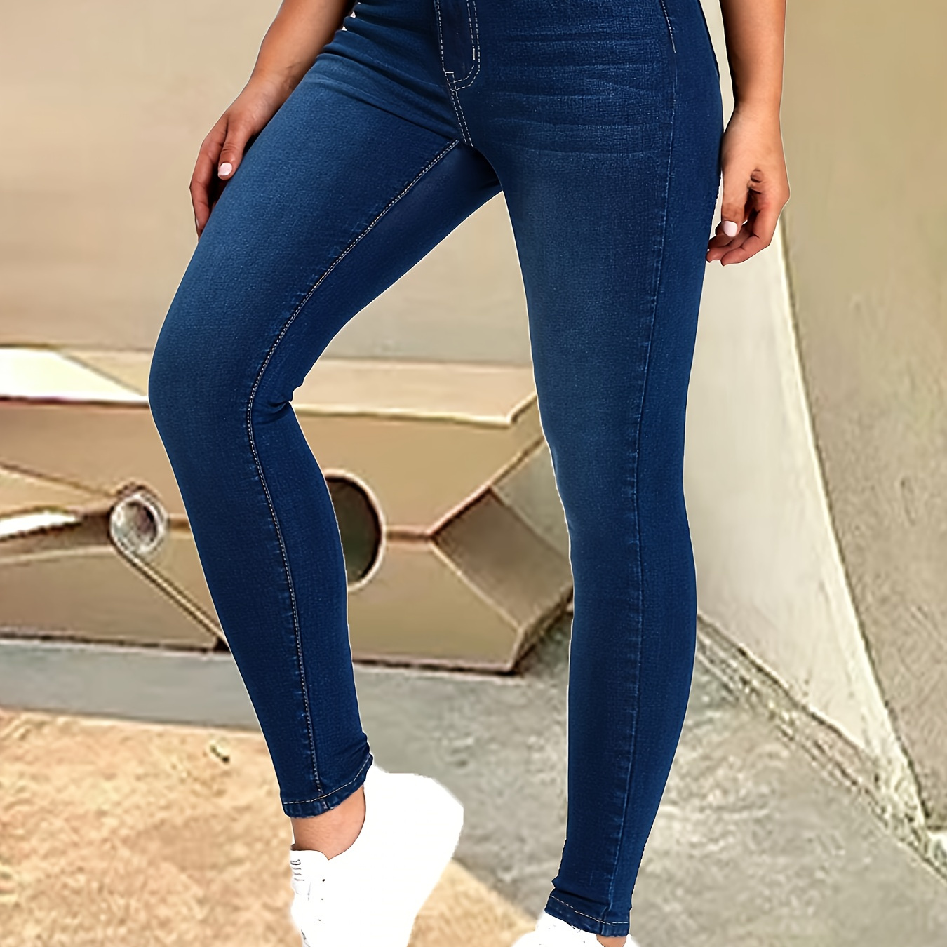 

Women's High Waist Skinny Jeans - Elegant Denim With Button Detail, Solid Color, High Stretch Cotton (70% Cotton, 27.6% Polyester, 2.4% Spandex), Long Length For All