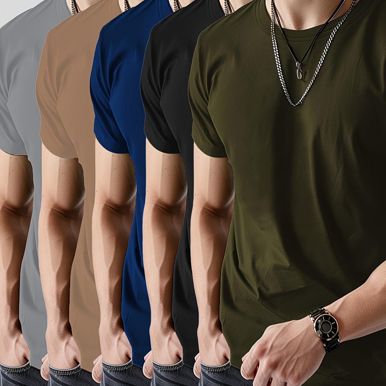 

5 Pack Men's Athletic Short Sleeve Crew Neck T-shirt In Solid Color, Quick Dry And Lightweight For Summer Sports And Casual Wear