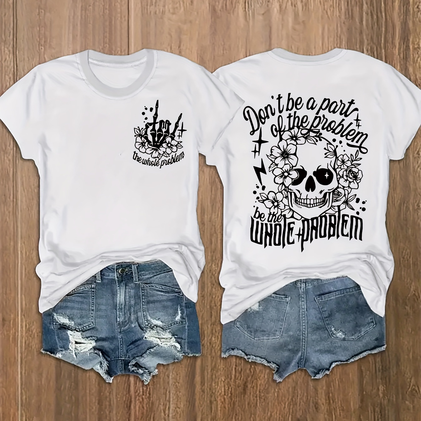 

Plus Size Skull & Letter Print T-shirt, Casual Crew Neck Short Sleeve T-shirt, Women's Plus Size clothing