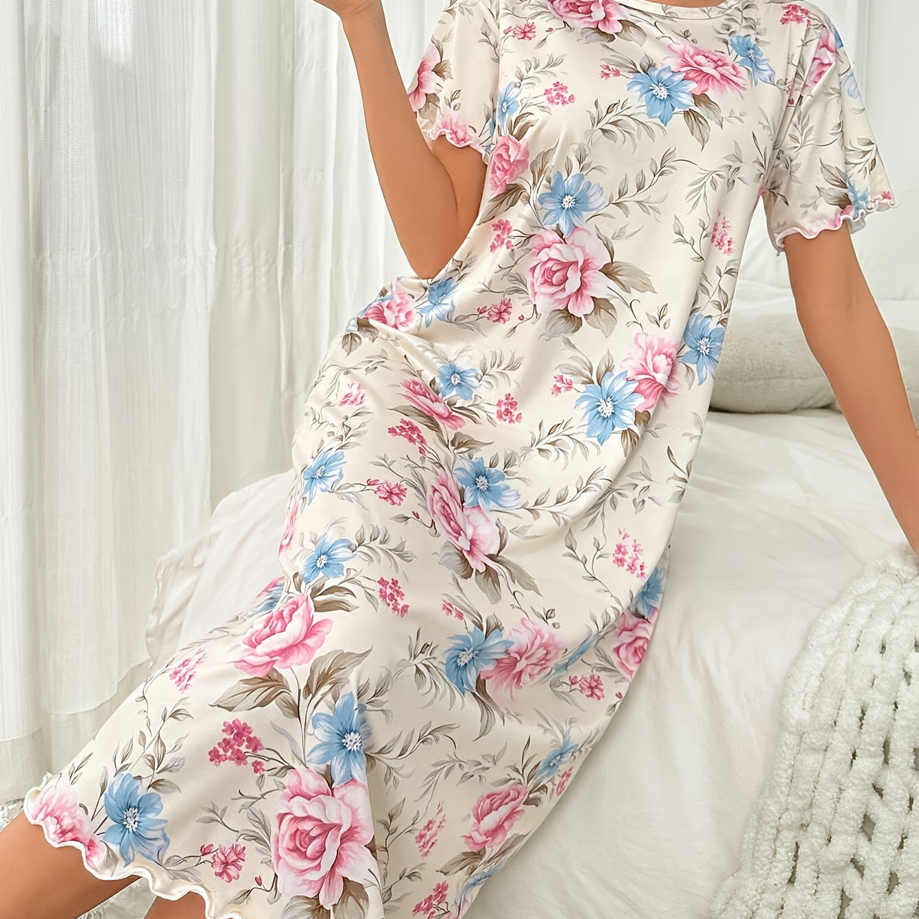 

Women's Floral Print Casual Sleepwear Dress, Short Sleeve Round Neck Frill Trim Loose Fit Dress, Comfortable Nightgown