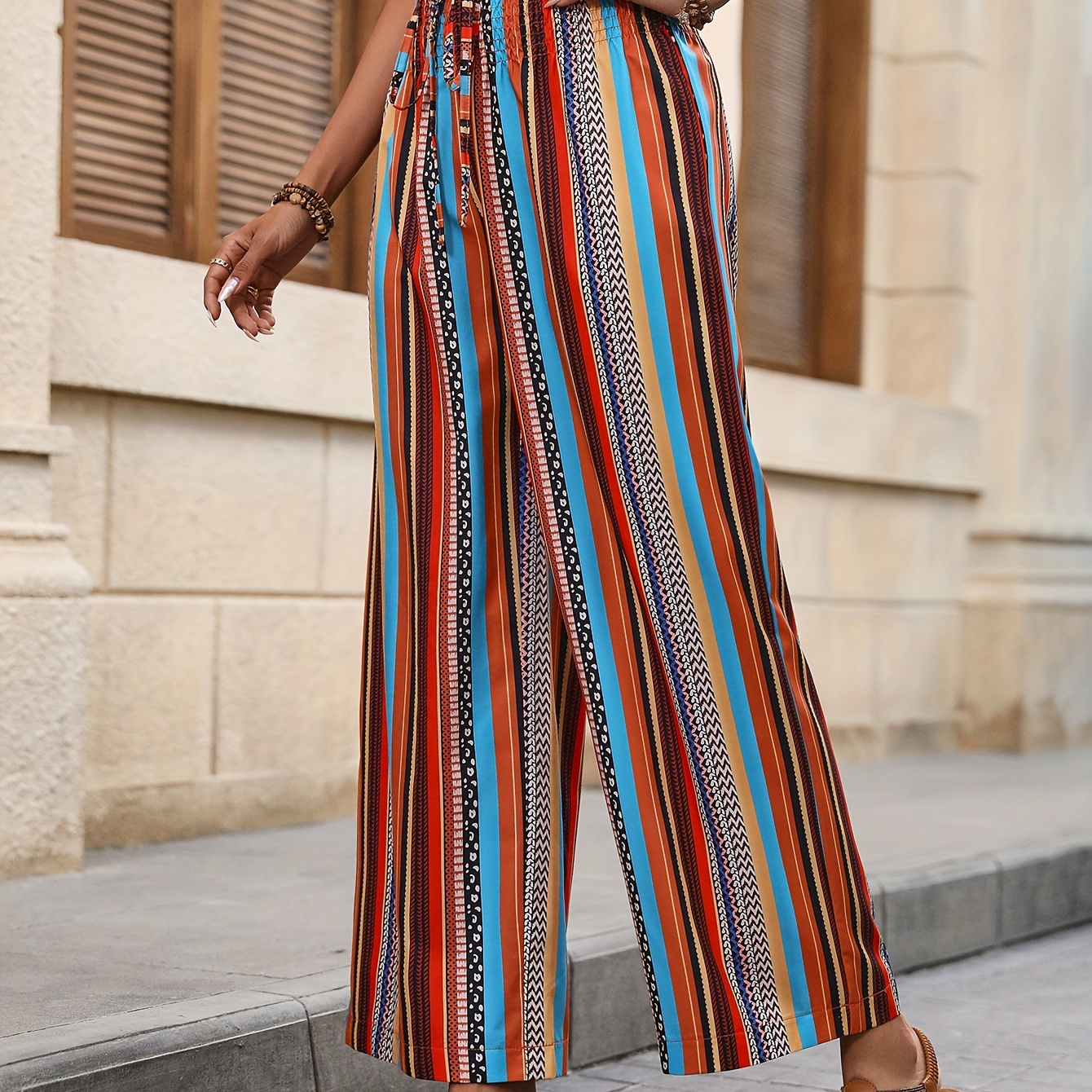 

Striped Stirred Waist Wide Leg Pants, Boho Tied Pants For Spring & Summer, Women's Clothing