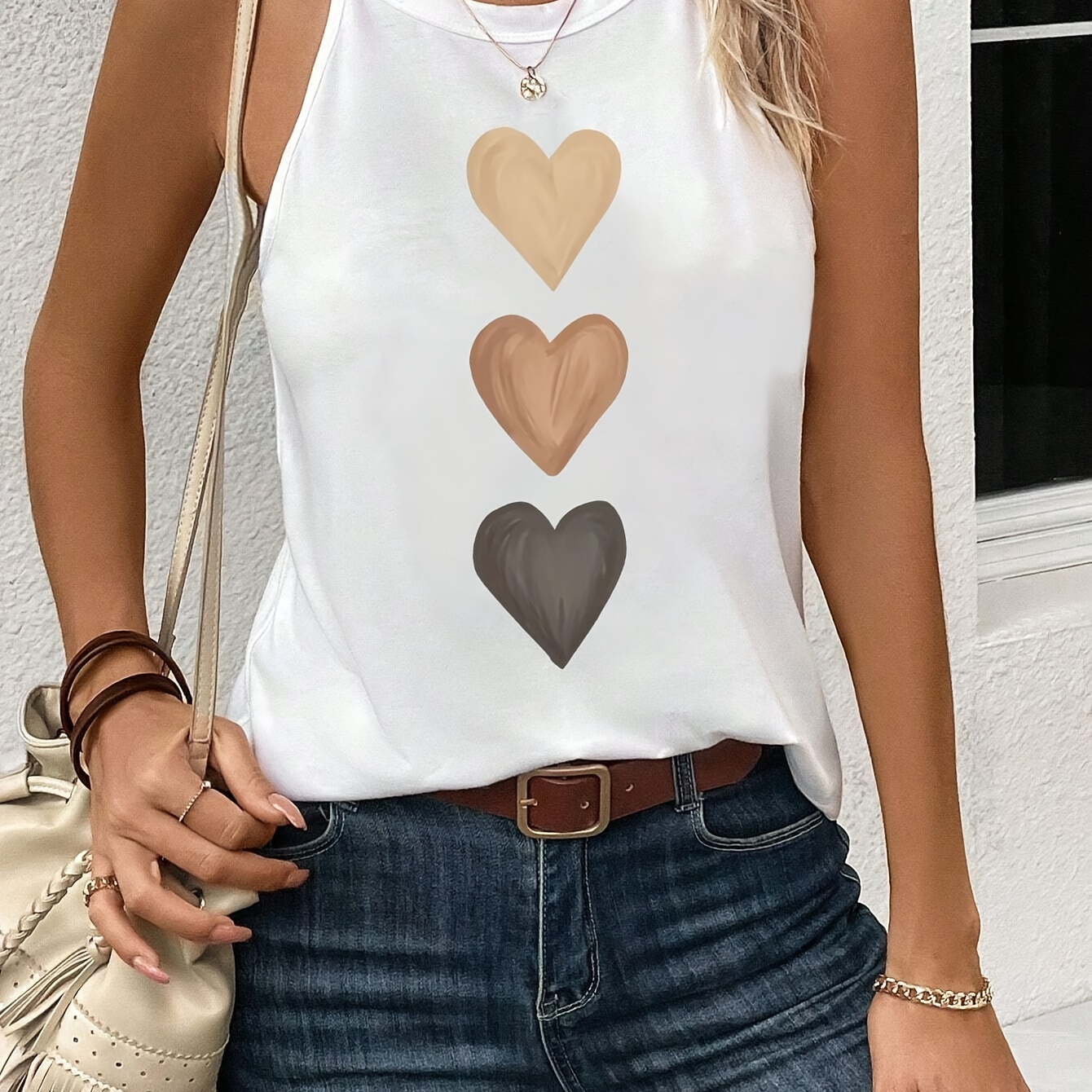 

Hearts Print Crew Neck Tank Top, Casual Sleeveless Tank Top For Summer, Women's Clothing