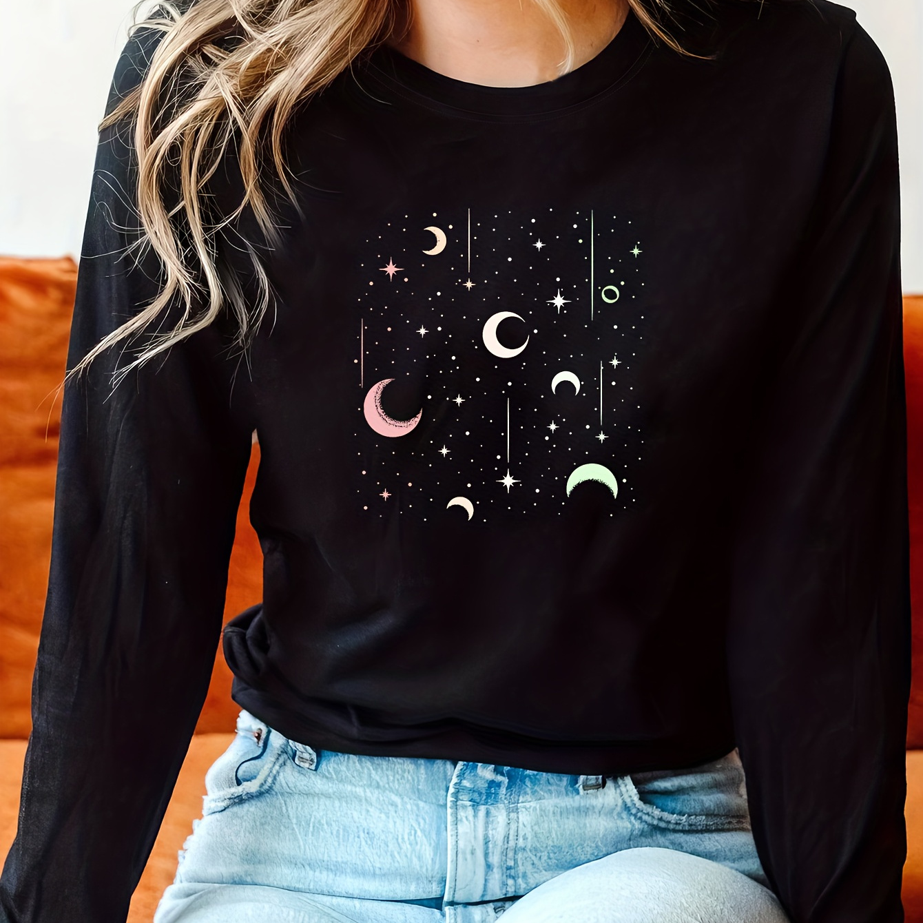 

Casual Galaxy Print Long Sleeve T-shirt For Women, Polyester Knit Fabric With Elastane, Neck, Regular Length For Spring/fall