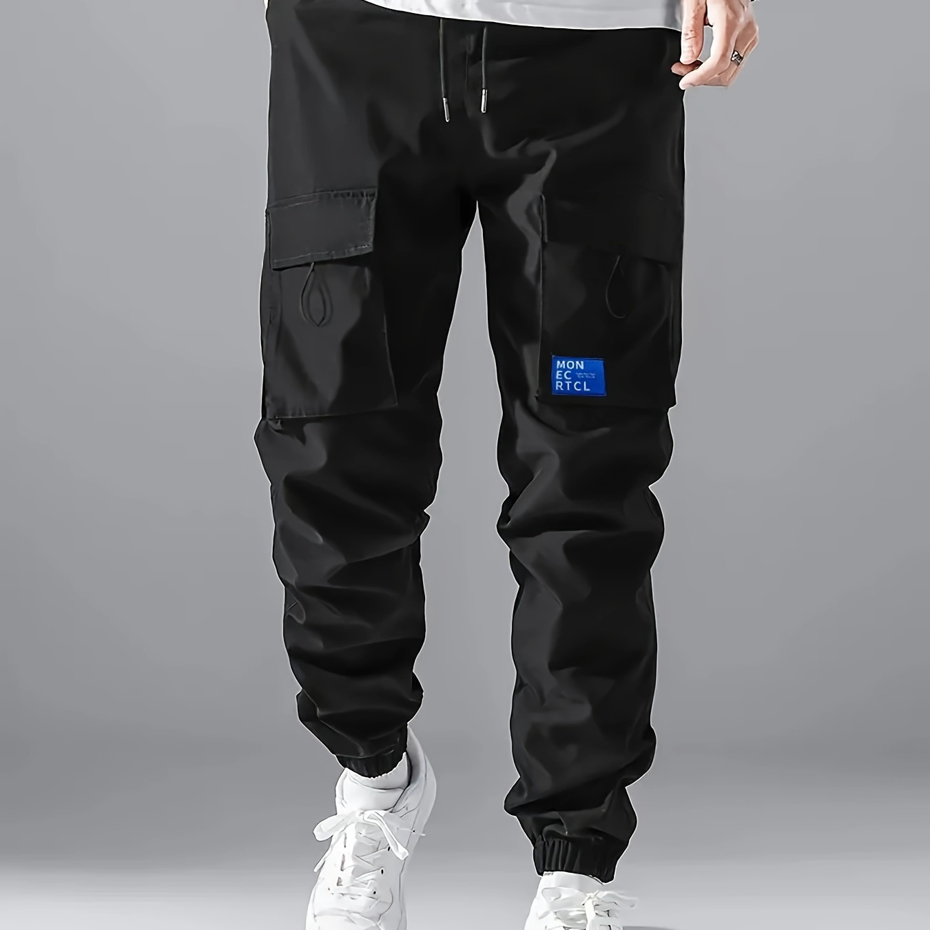 

Men's Casual Cargo Pants - Sleek Black Polyester, Drawstring Waist, Multi-, Machine Washable, Ideal For Casual Attire