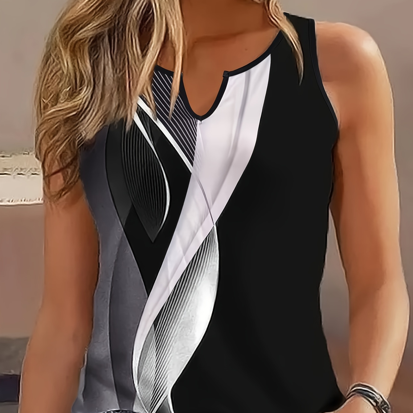 

Abstract Print Notched Neck Tank Top, Casual Sleeveless Top For Spring & Summer, Women's Clothing