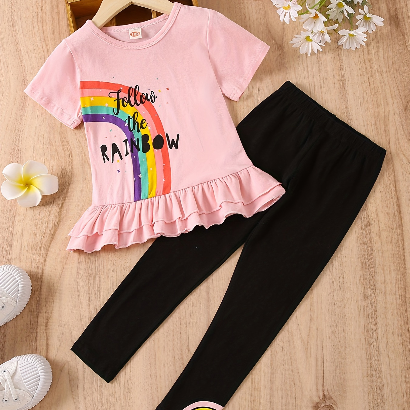 

2pcs Toddler Girls Rainbow Graphic Ruffle Hem T-shirt Tops & Elastic Waist Pants Set Kids Summer Clothes