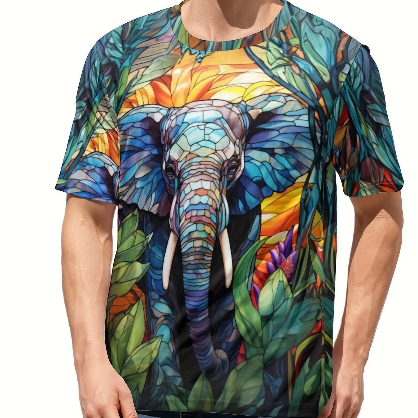 

Men's Exquisite Elephant Graphic T-shirt, Active Slightly Stretch Breathable 3d Print Tee For Outdoor