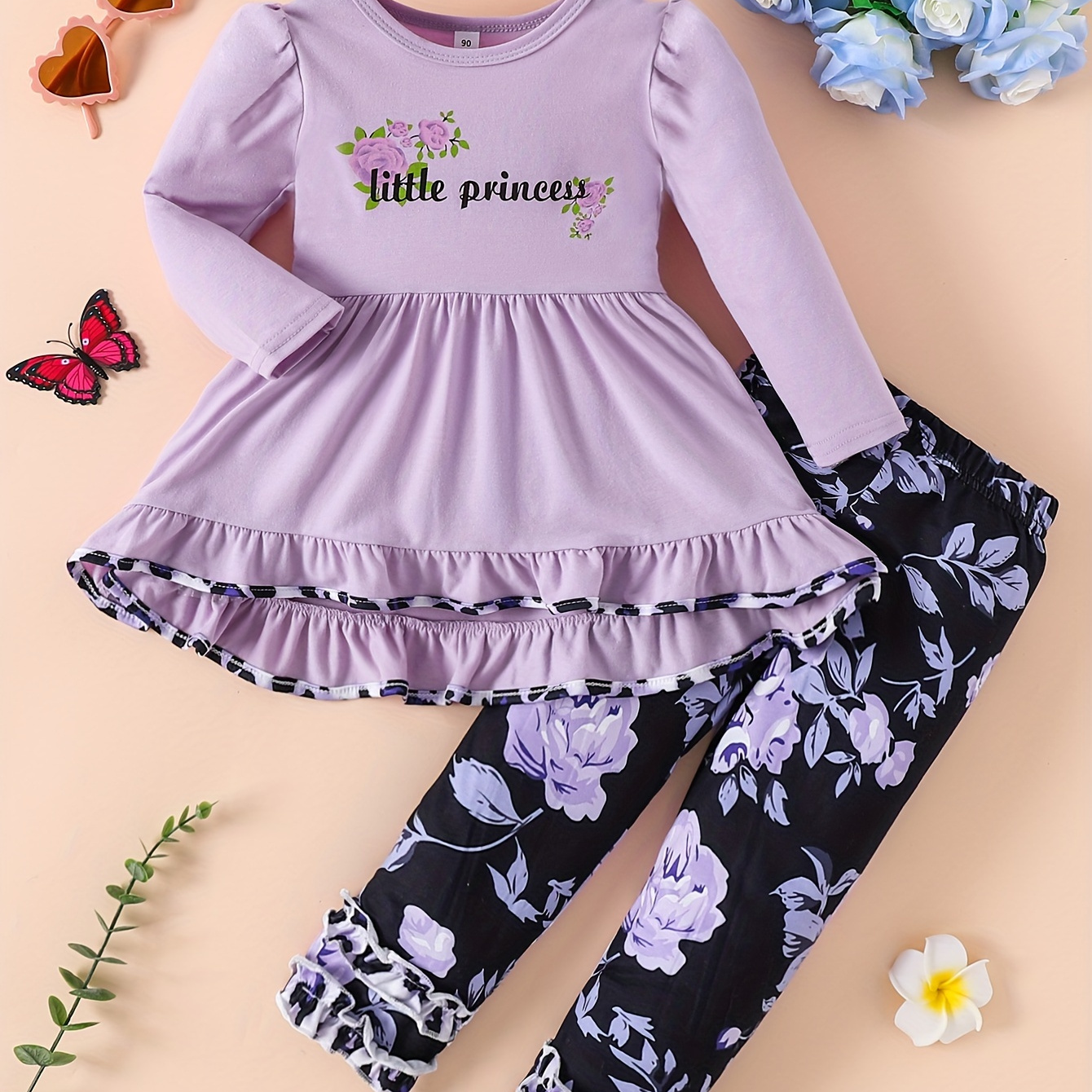 

Girls 2pcs, Little Princess Print Crew Neck Long Sleeve Pullover Top + Flora Pants Set Spring Fall Party Gift