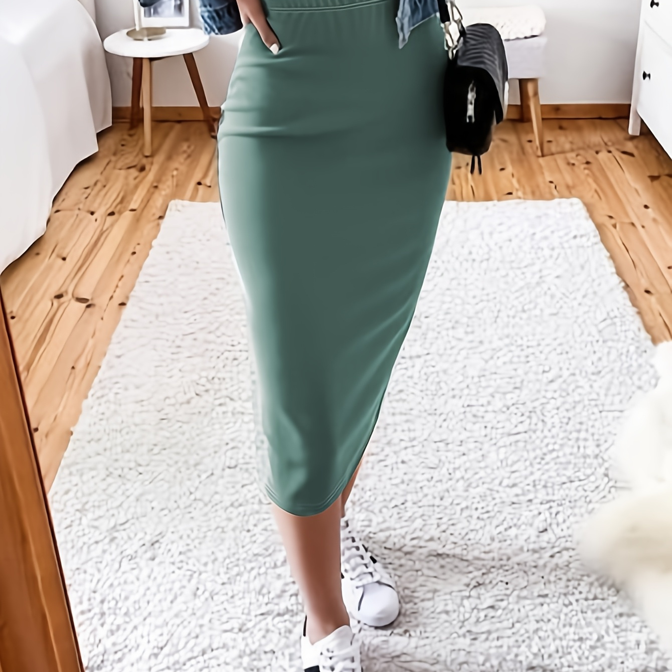 

Elegant Solid Color Knit Polyester Skirt With 5% Elastane, Casual Midi Skirt For Spring/summer/fall, Fashionable