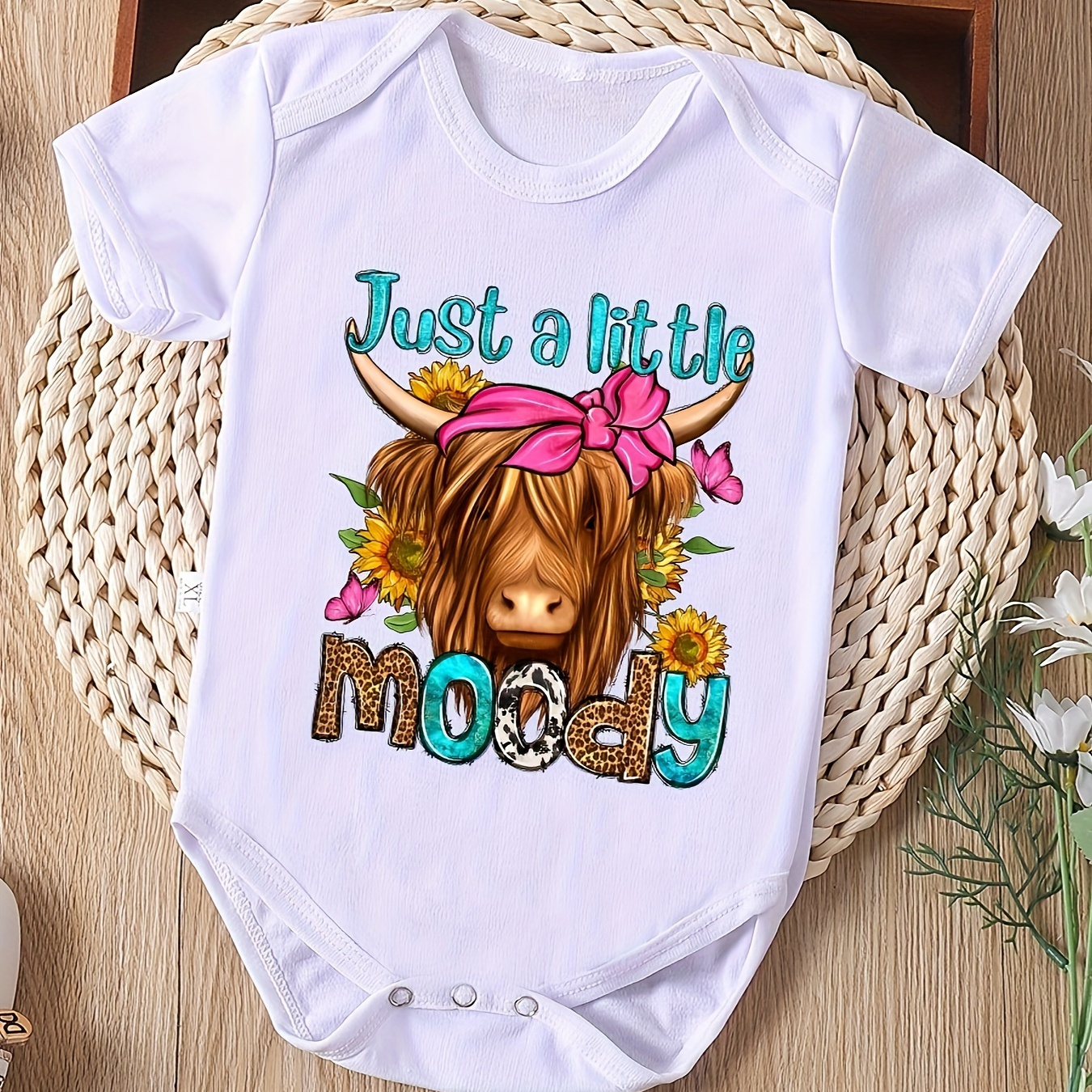 

Baby's "just A Little " Print Triangle Bodysuit, Casual Short Sleeve Onesie, Toddler & Infant Girl's Clothing