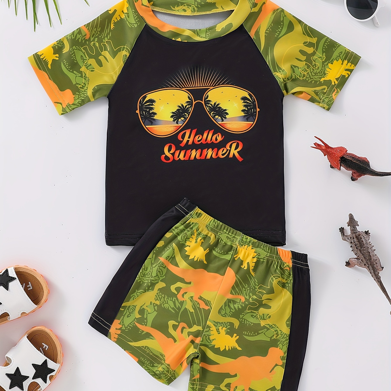 

2pcs Dinosaur Pattern Swimsuit For Boys, T-shirt & Swim Trunks Set, Stretchy Surfing Suit, Boys Swimwear For Summer Beach Vacation