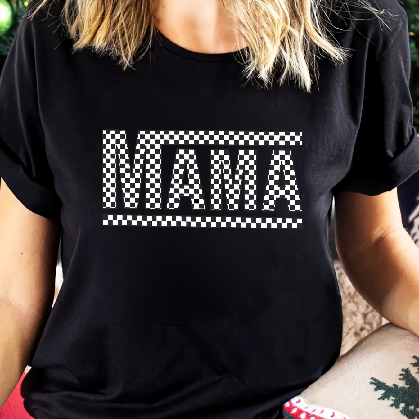 

Comfy 'mama' Print T-shirt In Gray With Black & White Checkered Detail - Casual, Stretchy Polyester, Crew Neck, Short Sleeve Top For Moms - Machine Washable, Mom Shirts