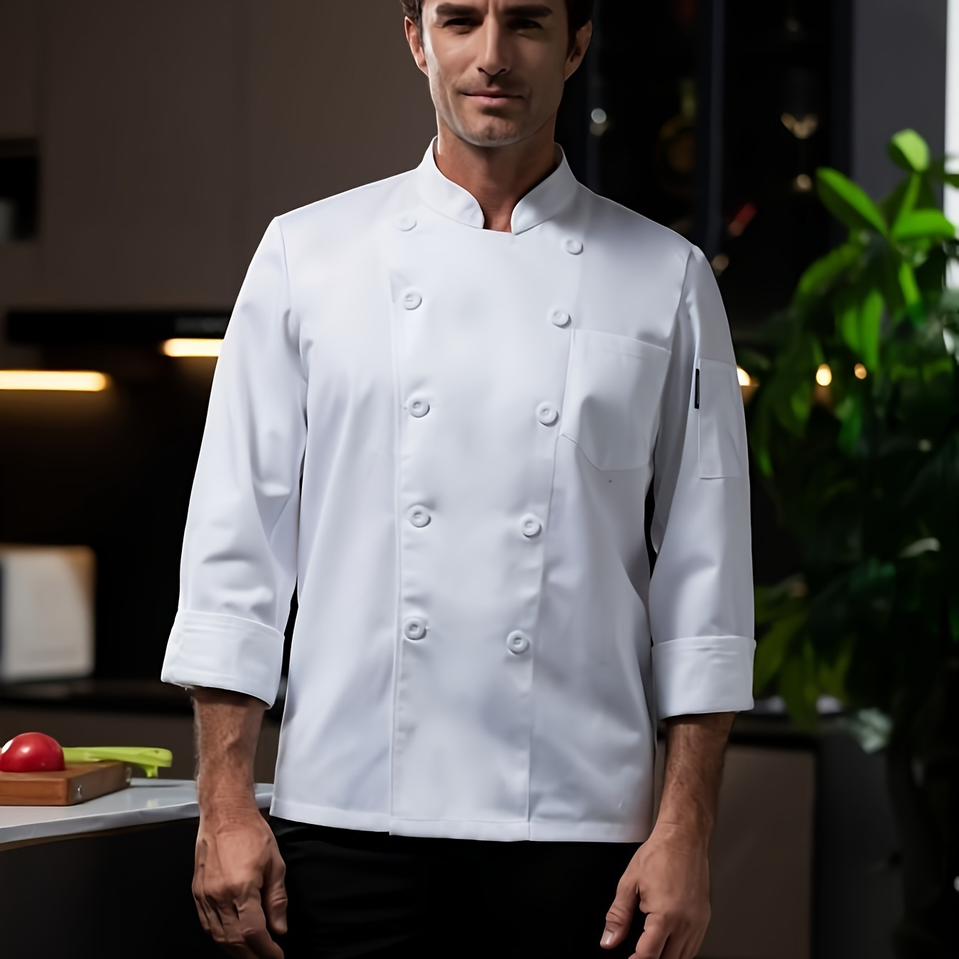 

Men's Chef Coat With Chest Pocket, Solid Long Sleeve Double Breasted Stand Collar Coat For Kitchen Baking Chef Works In Restaurant