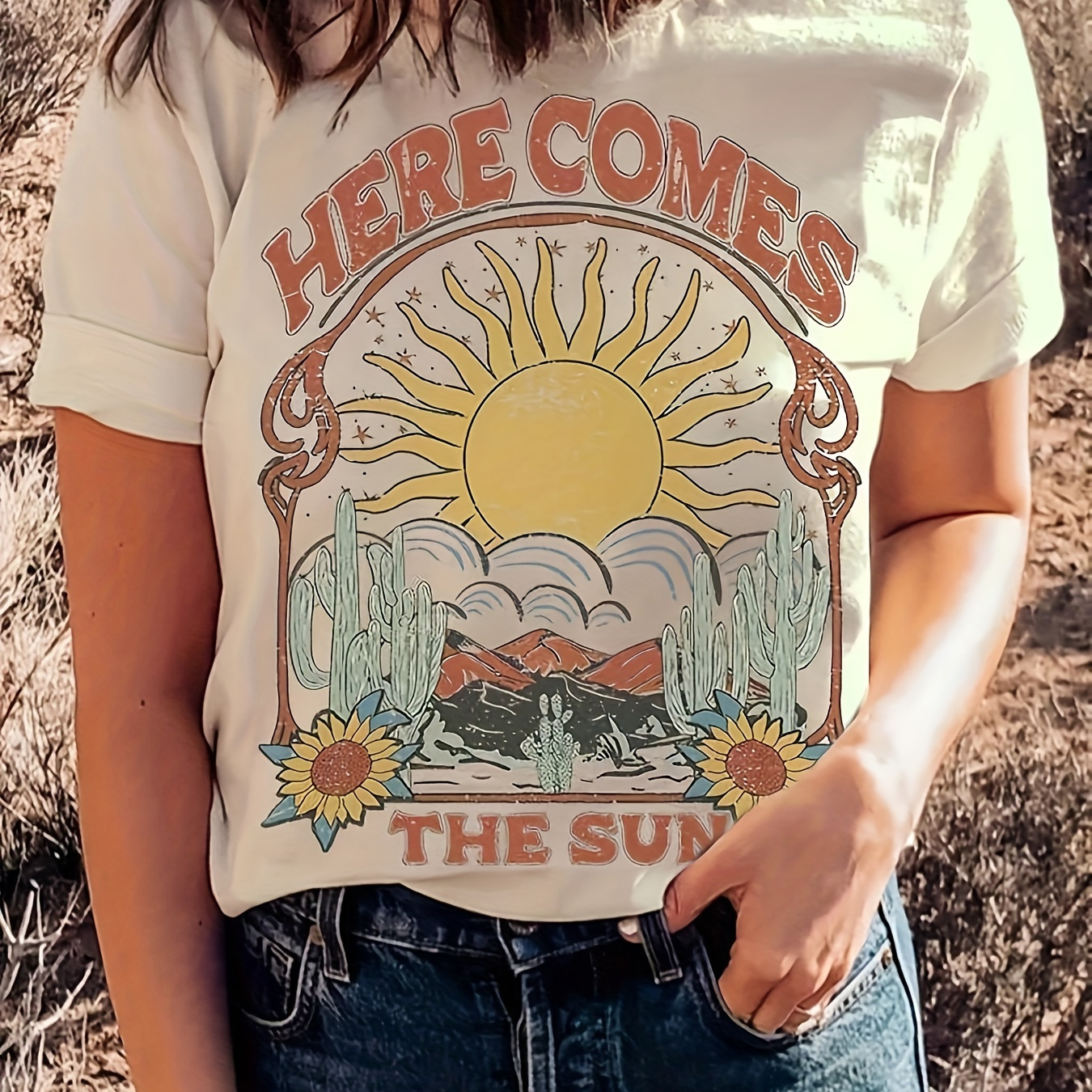 

T-shirt À Col Rond Imprimé Tournesol Et Soleil, Haut Décontracté À Manches Courtes Pour Le Printemps Et L'été, Vêtements Pour Femmes
