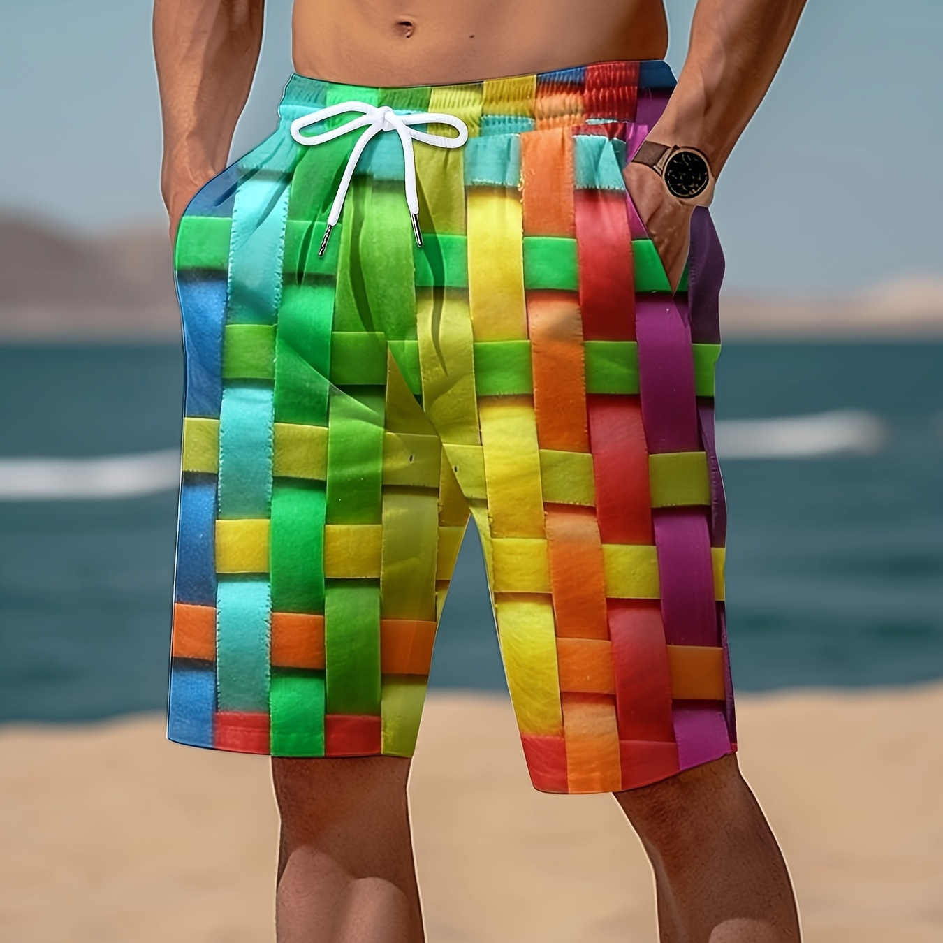 

Men's 3d Digital Colorful Stripe Pattern Print Shorts With Drawstring And Pockets, Chic And Stylish Board Shorts For Summer Sports Wear And Outdoors Activities